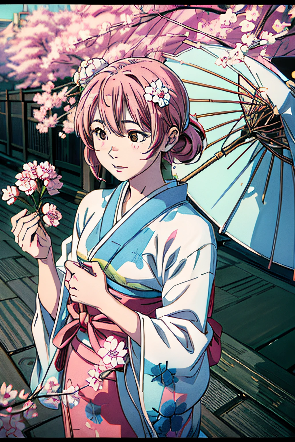 jpn_hi-school girl、Kimono,actionpose、cheerfully、Overflowing、ink art、((top-quality、8K、masterpiece:1.3))、(Clear focus:1.2)、(comic book style),(Pop),(linear art_Anime)、(PastelColors:1.2),((monotone_High Contrast Art:1.2))、flat chest、(the complex background:1.2),(Lola:add more details:1.2)、sharp outline、sharp lineart、Old Japan cityscape background、Background of traditional Japan patterns、cherry trees、chrysanthemums、Peonies、Bamboo、yuki
