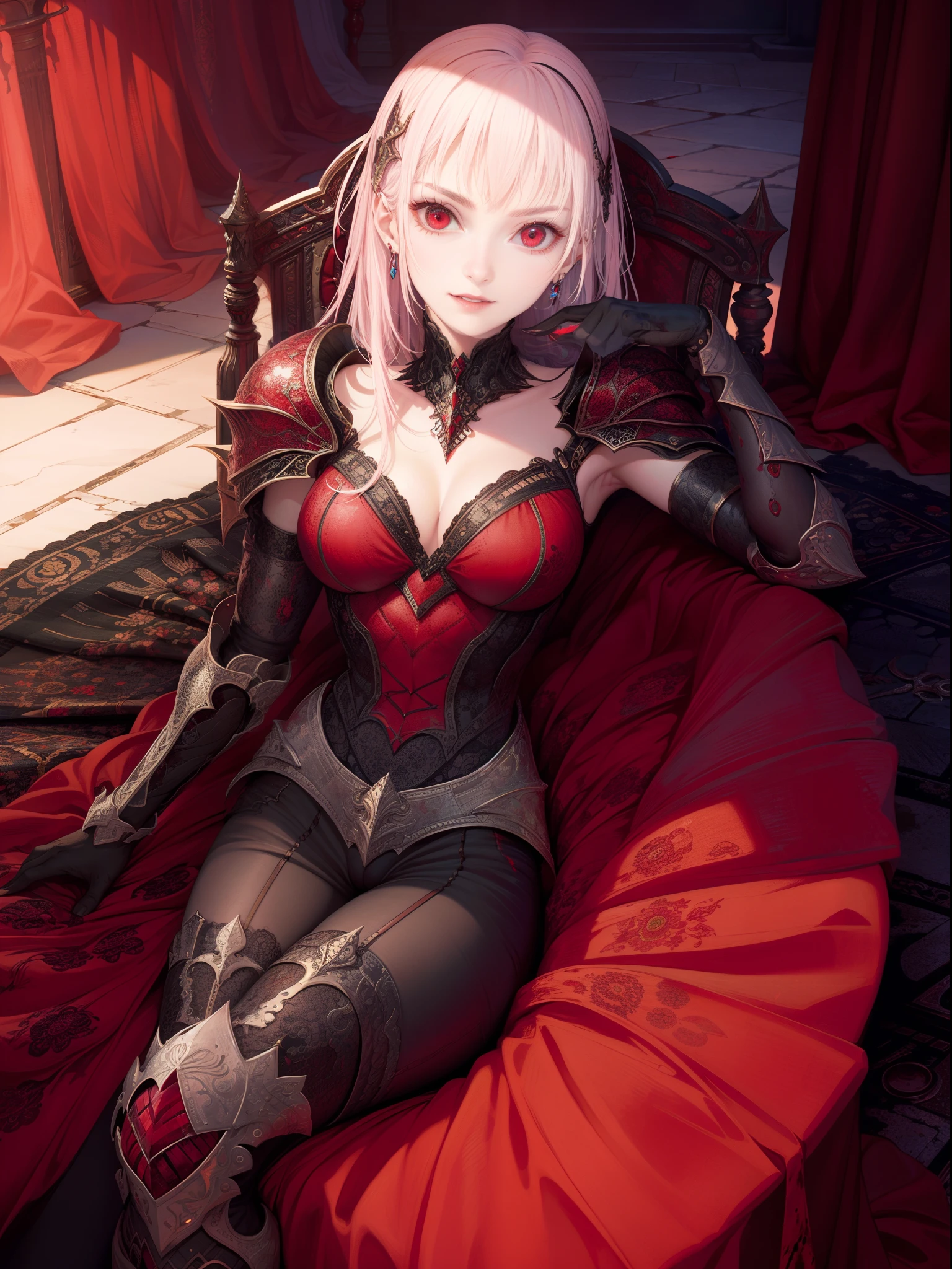 8K raw photo, Best quality, masterpiece, ultra high res,colorful,(photorealistic:1.4),Vampires,Scarlet,red eyes,raw photo, neonlight\(ttp\),1girl,solo,(perfect body shape),evil and beautiful, playful, smile, red eyes, (blood), dynamic angle, lying on throne, mystical, fanatic, intricate, surreal, delicate, wearing armored gothic dress,cinematic lighting, perfect face,detailed eyes,face
