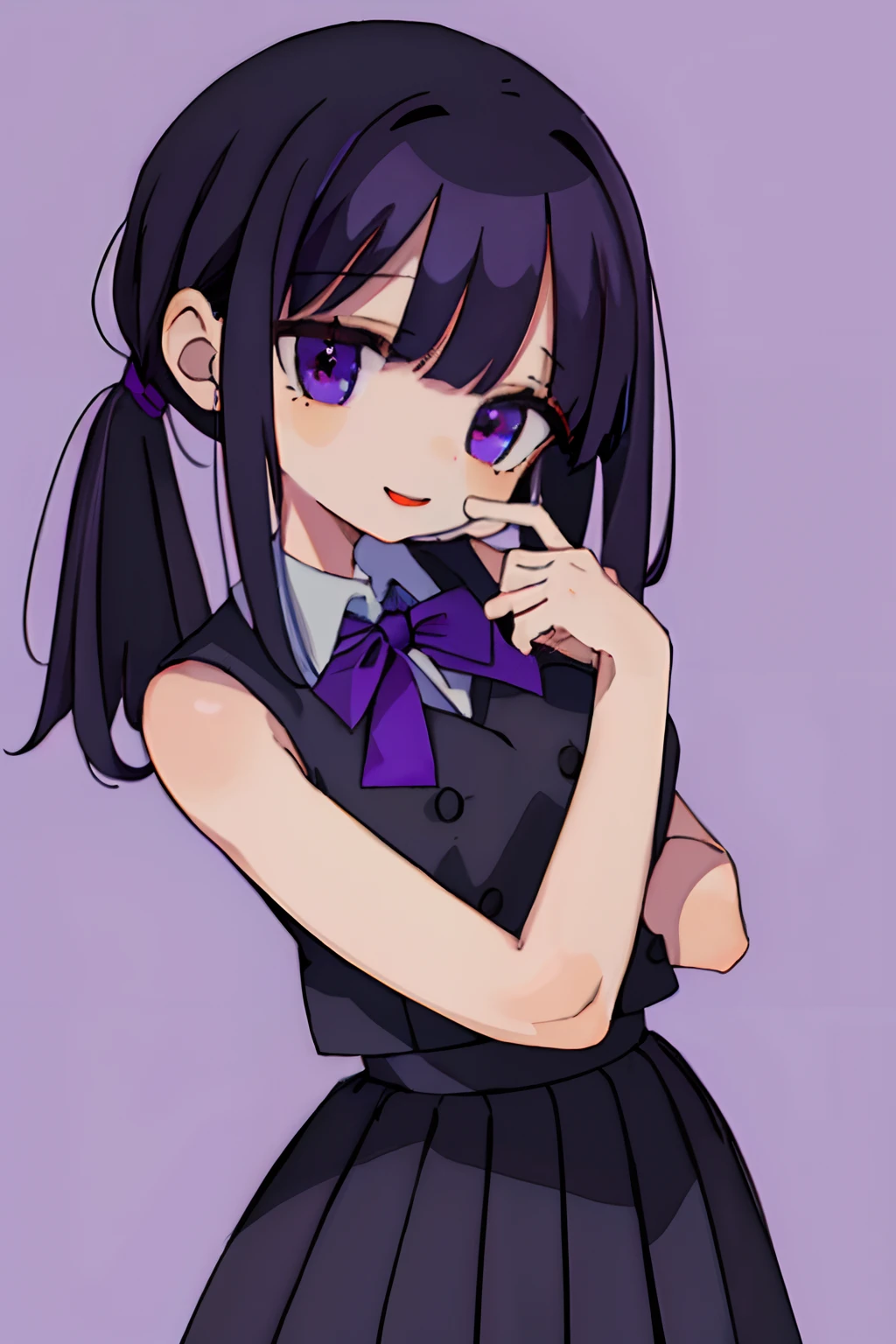 simple background, ribbon, black school uniform,
(best quality, masterpiece, RAW photo,ultra-detailed:1.2), 1girl,solo,looking at viewer, (black hair with purple strikes), long hair, looking at viewer, tan skin, medium breasts, smile, (large ponytail), ((purple eyes))