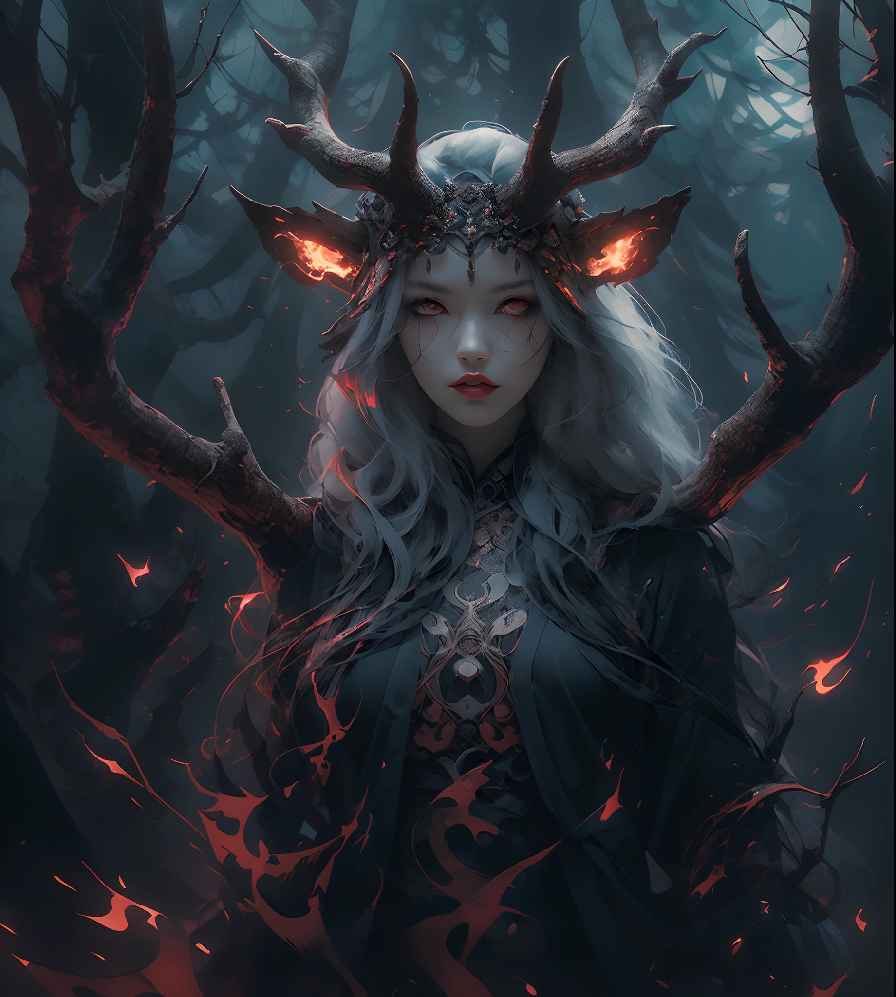 独奏. (Gray gloomy background, Dark Forest, Gray gloomy background, Dark Forest. Gloomy and hopeless, Dark dramatic lighting, vignette), Realistic eyes, beatiful face, 1A girl with a perfect body, Druid, with large deer antlers on the head, cos, wrapped in branches;, (She is dressed in a hooded suit), ((perfect anatomy)), Upper torso, glowing eyes, A surge of dark magic, gotik, Burnt orange gradient, Magic, Nature, Magic Splash, Fantasy art, Digital Painting, soft-lighting, isometric style, retro aesthetics, 4k resolution, с Cinema 4D, natural lighting, Cinematic, Masterpiece, Highly detailed, Intricate, Extreme textures, Horror, terrific, Creepy, Scarimok a sense of sophistication and tranquility. Accentuate the low-poly style, The overall aesthetic should be sleek and stylish, which makes it suitable for branding and logo.