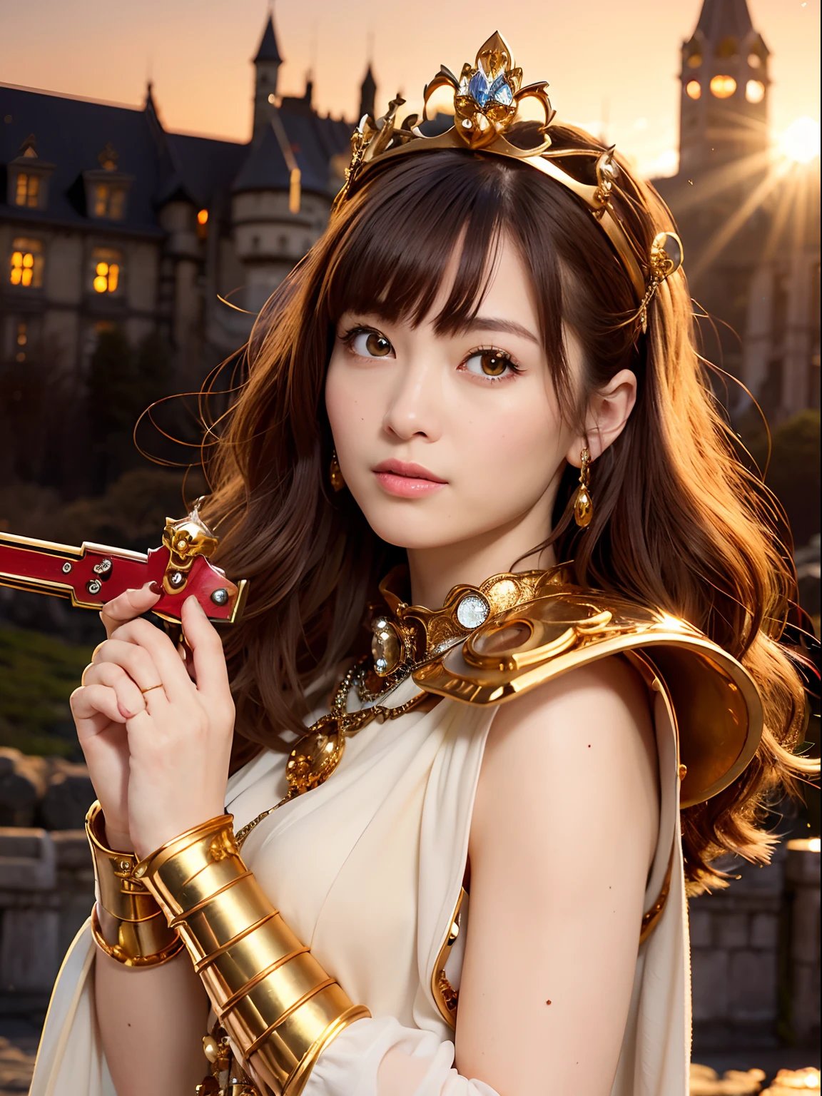 (masutepiece), Professional , ​masterpiece、top-quality、photos realistic , depth of fields （Gemstone Silver Metal Body:1.９),(Matte yellow、Jewel Gold Weapon、（Gorgeous castle background）、（Jewel Metal Body:1.４),Gorgeous Jewel Metal Weapons , Detailed Sword of the Brave ,（ Soldier background in metal armor）   ,warhammer 40k , adepta sororitas,Detail and ornate jewel crown、独奏、Brown hair、（Gangle's forest background）、Beautiful Caucasian beauty、１a person、dynamic ungle,(((Diamond tiara with detail and luxury)))、a small face、A smile、Powerful poses、（Gorgeous castle background）、huge filesize、20 year old beautiful woman、Stand in the center of the screen、Thin female fingers、Straight long hair、Beautiful Caucasian beauty、