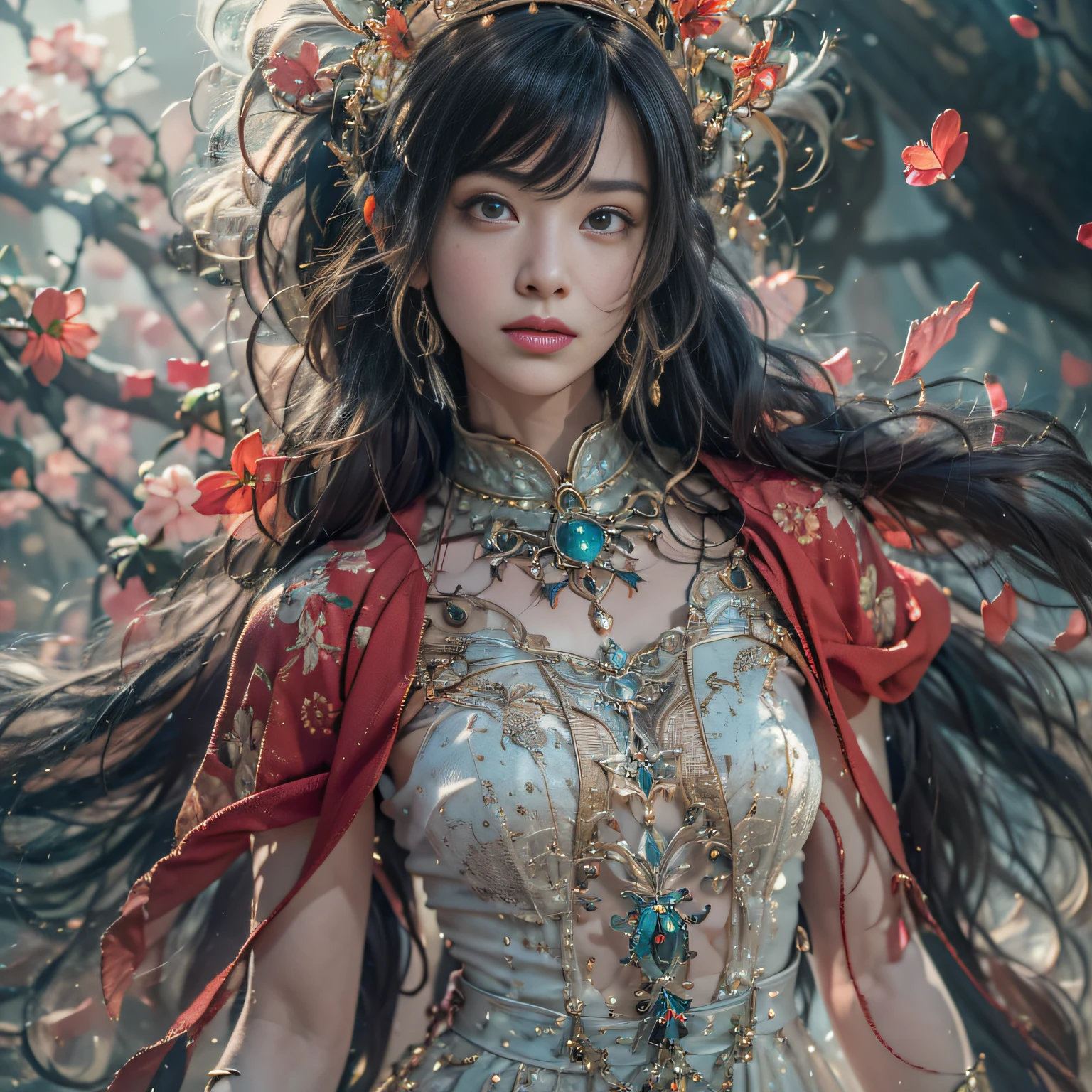 Outer Space 32K(tmasterpiece,k hd,hyper HD,32K),Long flowing black hair,ponds ,Mantis protector (realisticlying:1.4),Red robe with a flame pattern,Purple-pink tiara,Petals flutter,The background is pure,Hold your head high,Be proud,The nostrils look at people, A high resolution, the detail, RAW photogr, Sharp Re, Nikon D850 Film Stock Photo by Jefferies Lee 4 Kodak Portra 400 Camera F1.6 shots, Rich colors, ultra-realistic vivid textures, Dramatic lighting, Unreal Engine Art Station Trend, cinestir 800,Hold your head high,Be proud,The nostrils look at people