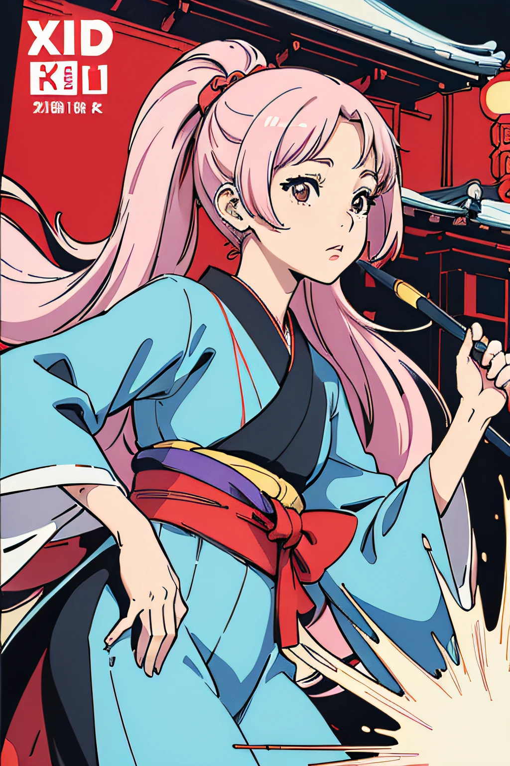 jpn_hi-school girl、Kimono,actionpose、cheerfully、Overflowing、ink art、((top-quality、8K、​masterpiece:1.3))、(Clear focus:1.2)、(comic book style),(Pop),(linear art_Anime)、(PastelColors:1.2),((monotone_High Contrast Art:1.2))、flat chest、(the complex background:1.2),(Lola:add more details:1.2)、sharp outline、sharp lineart、Old Japan cityscape background