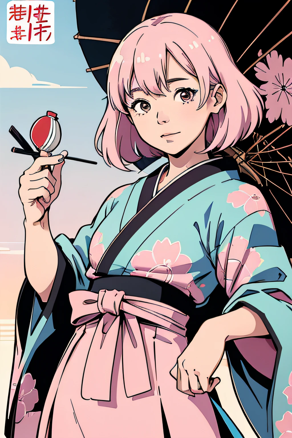 jpn_hi-school girl、Kimono,actionpose、cheerfully、Overflowing、ink art、((top-quality、8K、​masterpiece:1.3))、(Clear focus:1.2)、(comic book style),(Pop),(linear art_Anime)、(PastelColors:1.2),((monotone_High Contrast Art:1.2))、flat chest、(the complex background:1.2),(Lola:add more details:1.2)、sharp outline、sharp lineart、Old Japan cityscape background、Japan traditional pattern background、yuki