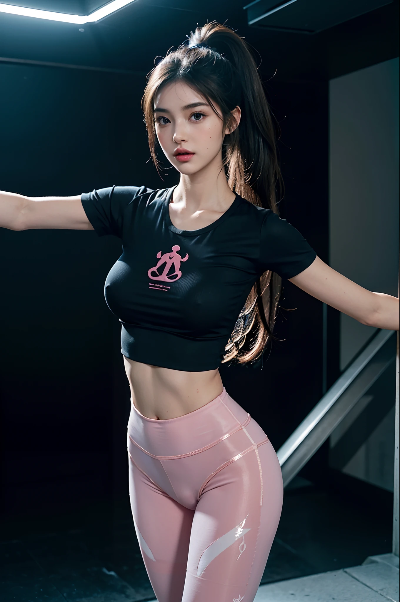 Masterpiece, hyperrealistic, highres, best quality, ultra detailed, Cinema 4D, Octane render, Innovative, 1girl, perfect waifu, super cute and sexy girl, super hot girl, super beautiful long brown hair, high ponytail, perfect body, full body, very detailed and shiny blue slanted eyes, super juicy lips, perfect body, full body, shiny skin, super delicate and sexy body, wearing an anime printed super tight short sleeve crop top, super tight translucid leggings, beautiful sexy and cute panties, pink jordans, in a popular futuristic spaceship, Professional quality, Unreal engine