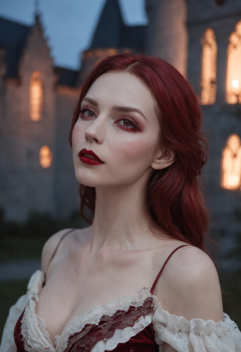 A delicate and beautiful picture of a female vampire standing on the porch of a castle under the stars, take up close, Dynamic angle super delicate face, and there is blood on the corners of your mouth,Hyper-feminine, gray colored skin, Red hair, (A charming smile:1.5), (Blood flowed from her mouth:1.9),dark red lips,The eyes glow red and glowing, (Wearing a white dress with blood:1.5), long black cape,upperbody shots, star filled sky background, Moon, Bats fly around, High details, Best quality, 8K, Masterpiece, Best quality, (Ultra detailed), Photorealism, dark fantasy art