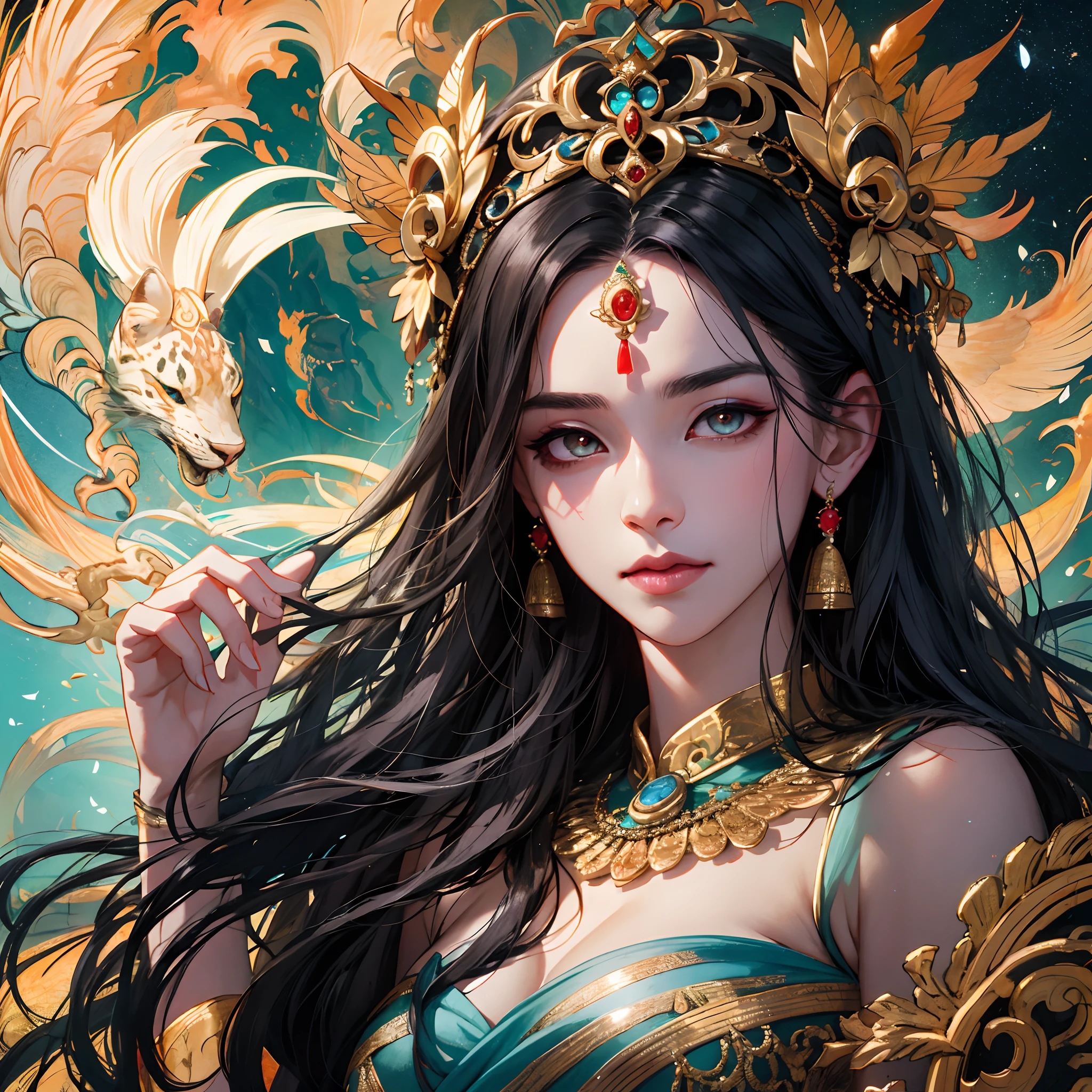 （absurderes，A high resolution，ultra - detailed），1womanl，a matural female，Older age，Black color hair，Long unkempt hair，Eyes of a leopard，red eye makeup，The expression is cold，Intimidating，Delicate eyes and delicate face，Extremely detailed Cg Unity 8K wallpaper，Complicated details，Indifferent expression，hair messy，With jade ornaments，Tooth headdress，Ancient，mito，Mountain and Sea Sutra，Queen Mother of the West，Airflow rises，distant valley，Dunhuang costumes，Floating in the air，A hideous smile，Phoenix Tail，Indian costumes，goddes，egyption