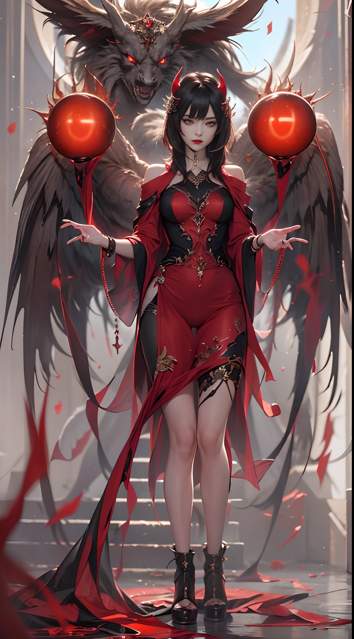 simple dark magical background , horror scene , beautiful female devil , red magical glowing eyes , magical reddish glowing little orb in two hand at once , female devil staring at orb , dark big wings , ultra detailed face , (ultra detailed scene) , (ultra detailed orb) , (ultra beautiful face) , (ultra detailed hands) , (ultra detailed wings) blood splashed on body, pale face , dark red lip , black underwear , shaped body , red magic around her , magic twirling around, ,Camel toes,thin gap