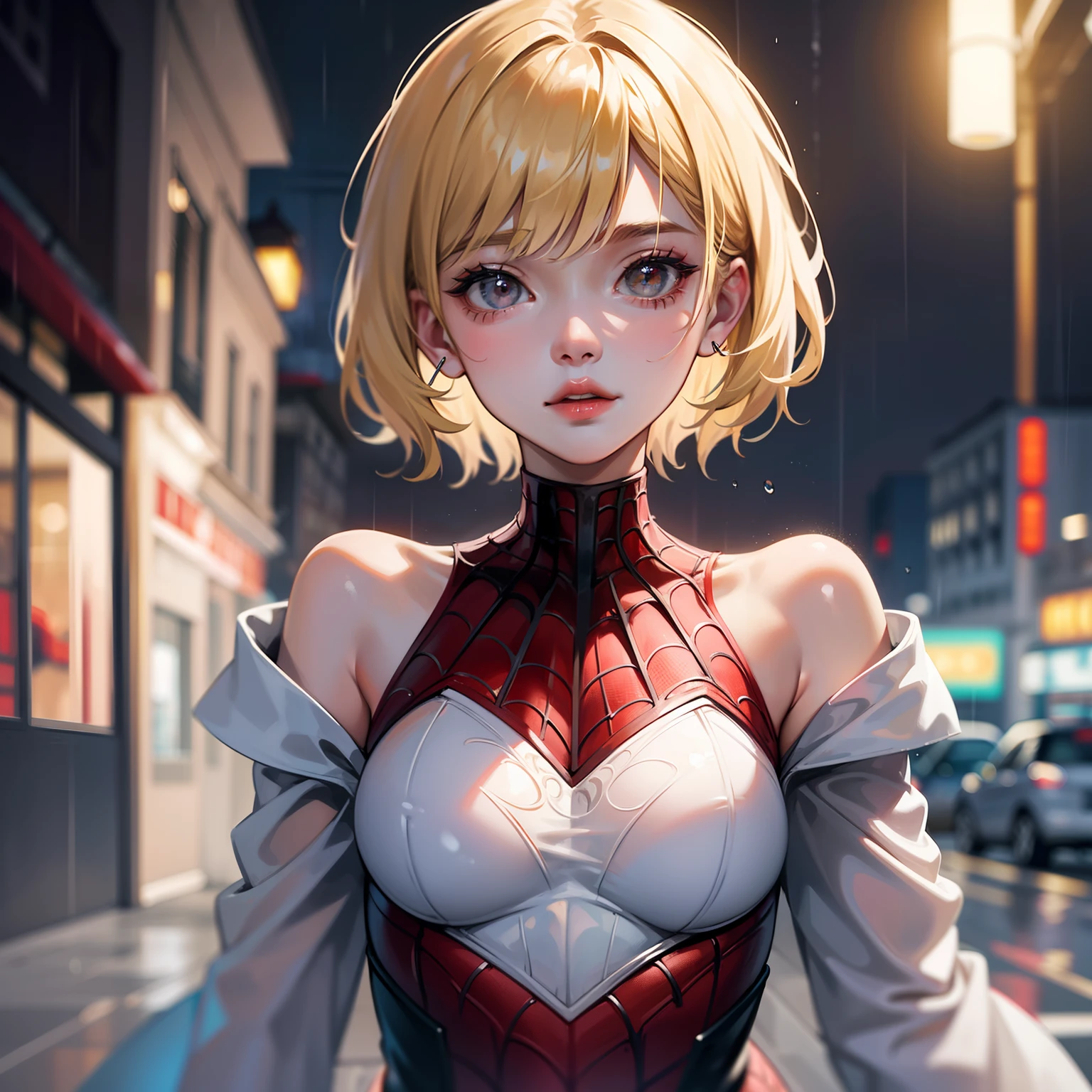 （（（blonde hair, Bangs, hair accessories, ponytail, yellow eyes,  orange eyes,  hair between eyes,（（（Denia，spider man，spider man服装，spider tights ））），（（（wide hips））），S-shaped body:1.7））），((masterpiece)),high resolution, ((Best quality at best))，masterpiece，quality，Best quality，（（（ Exquisite facial features，looking at the audience,There  light in the eyes，Ha ha，confidence ））），（（（Light and shadow interlace，huge））），（（（city background，赛博city background）））