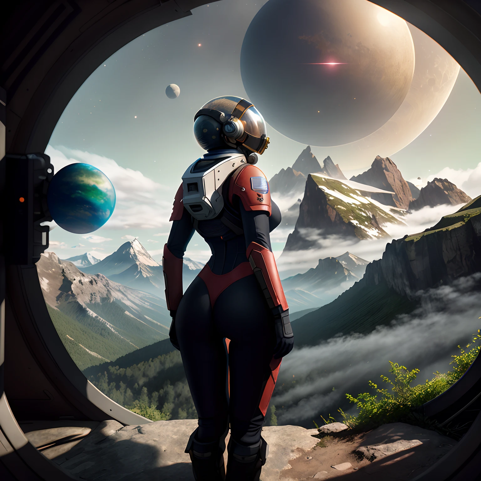 rear angle, Highly detailed RAW color Photo, Rear Angle, Full Body, of (female space soldier, wearing orange and white space Plugsuit, helmet, tined face shield, rebreather, accentuated booty), outdoors, (looking up at advanced alien structure, on alien planet), toned body, big butt, (sci-fi), (mountains:1.1), (lush green vegetation), (two moons in sky:0.8), (highly detailed, hyperdetailed, intricate), ((DAY TIME)), (lens flare:0.7), (bloom:0.7), particle effects, raytracing, cinematic lighting, shallow depth of field, photographed on a Sony a9 II, 50mm wide angle lens, sharp focus, cinematic film still from Gravity 2013, ((Worm's perspective))