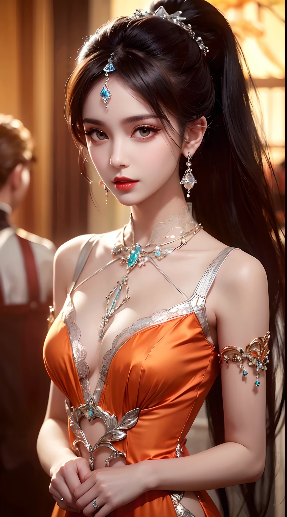 8K ultra hd, masterpiece, best quality, a beautiful girl, long hair, impressive hairstyle, royal hair jewelry, pretty cute face, flawless face, jewellery earrings, antique jewellery, details eyes, beautiful eyes, meticulous makeup, thin eyebrows, beautiful red lips, medium breasts, orange mesh socks, thin orange silk shirt with many white motifs, white lace shirt, long bangs and a long platinum orange ponytail, realistic colors, magic effects, Ancient hanfu background, look directly at the audience, whole body capture,