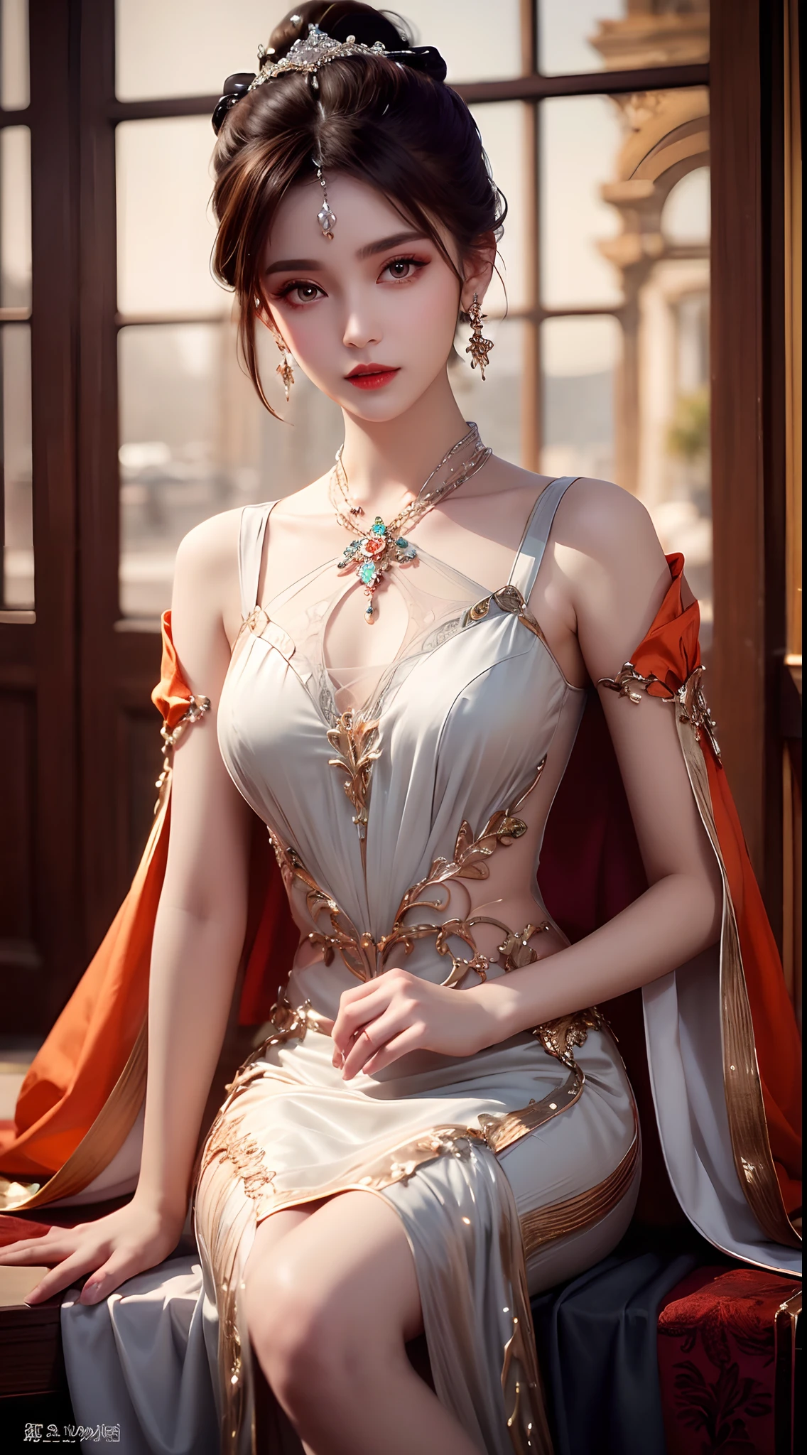 8K ultra hd, masterpiece, best quality, a beautiful girl, long hair, impressive hairstyle, royal hair jewelry, pretty cute face, flawless face, jewellery earrings, antique jewellery, details eyes, beautiful eyes, meticulous makeup, thin eyebrows, beautiful red lips, medium breasts, orange mesh socks, thin orange silk shirt with many white motifs, white lace shirt, long bangs and a long platinum orange ponytail, realistic colors, magic effects, Ancient hanfu background, look directly at the audience, whole body capture,