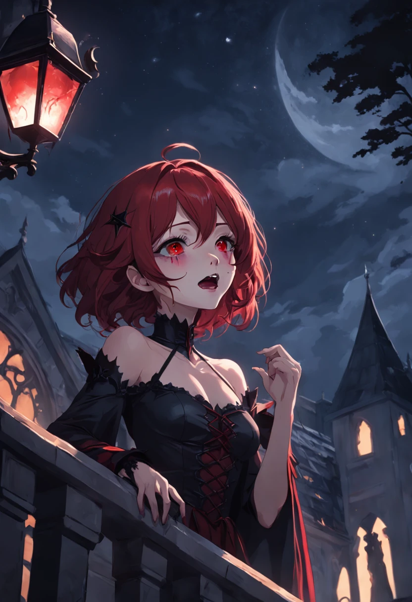A delicate and beautiful picture of a female vampire standing on the porch of a castle under the stars, take up close, Dynamic angle super delicate face, and there is blood on the corners of your mouth,Hyper-feminine, gray colored skin, Red hair, (A charming smile:1.5), (Blood flowed from her mouth:1.9),dark red lips,The eyes glow red and glowing, (Wearing a white dress with blood:1.5), long black cape,upperbody shots, star filled sky background, Moon, Bats fly around, High details, Best quality, 8K, Masterpiece, Best quality, (Ultra detailed), Photorealism, dark fantasy art