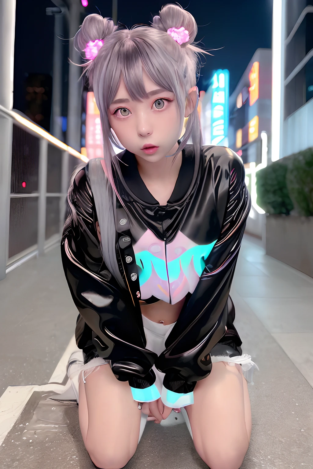miku hatsune、Track jacket、Jersey、Golden and black and light blue and silver and pink hair、O cabelo multicolorido、Photorealsitic, hight resolution, Heterochromia eyes, small moles under eyes、bob cuts、Blunt bangs、Lucy\(cyberpunked\), 1girl in, hair scrunchie, hime-cut, silber hair, Color Chip, fullmoon, grey eyes, white shirt, Black tie、Black shorts、long-sleeve, (Look at viewers), Medium Hair, O cabelo multicolorido, Bangs parting, cparted lips, A pink-haired, Red Eyeliner, red-lips, 独奏, White jacket, cyberpunked\(Series\), Rainy night in cyberpunk city with glowing neon lights,frombelow, yes、all-fours、Huza