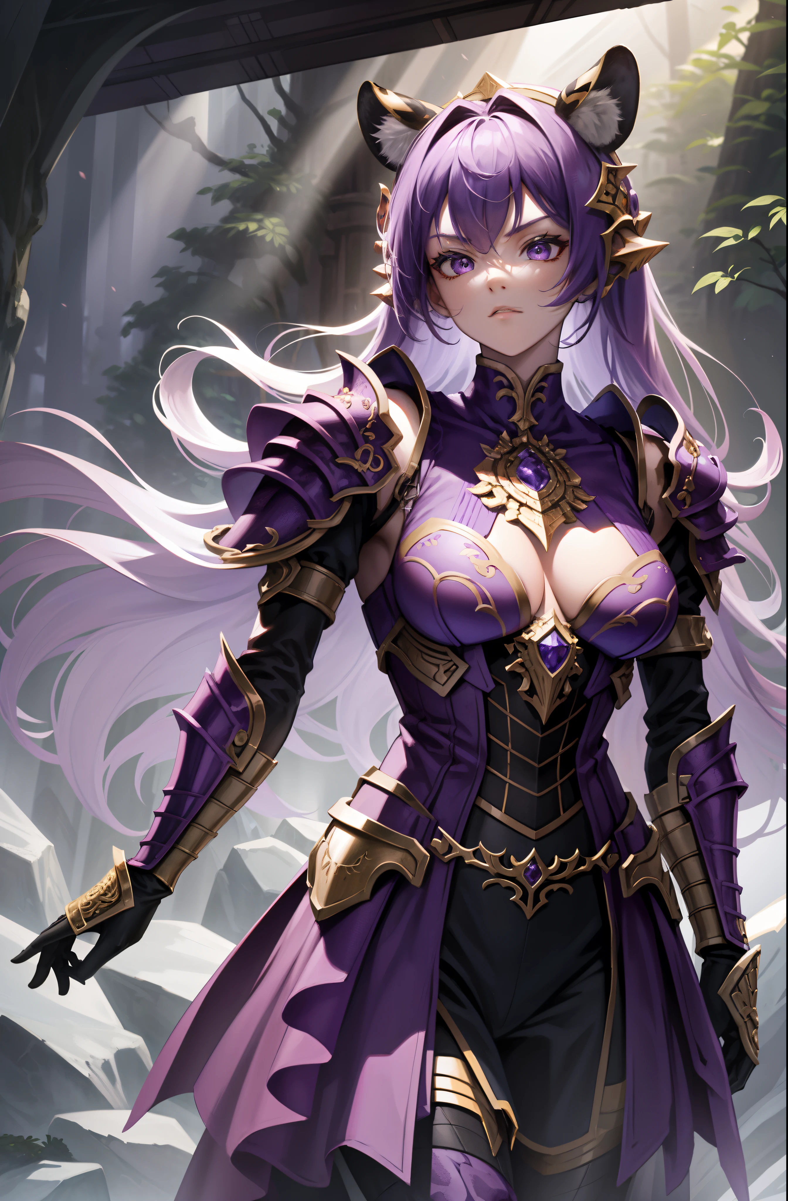 Number of forests, A girl, There are many patterns, Stand on high rocks, Domineering, Serious, Wearing tiger skin clothes，Tiger-like armor, There is a purple mist on the feet,There was a purple mist on the hand armor， Masterpiece, Textured skin, Super detail, High details, Award-Awarded, Best quality