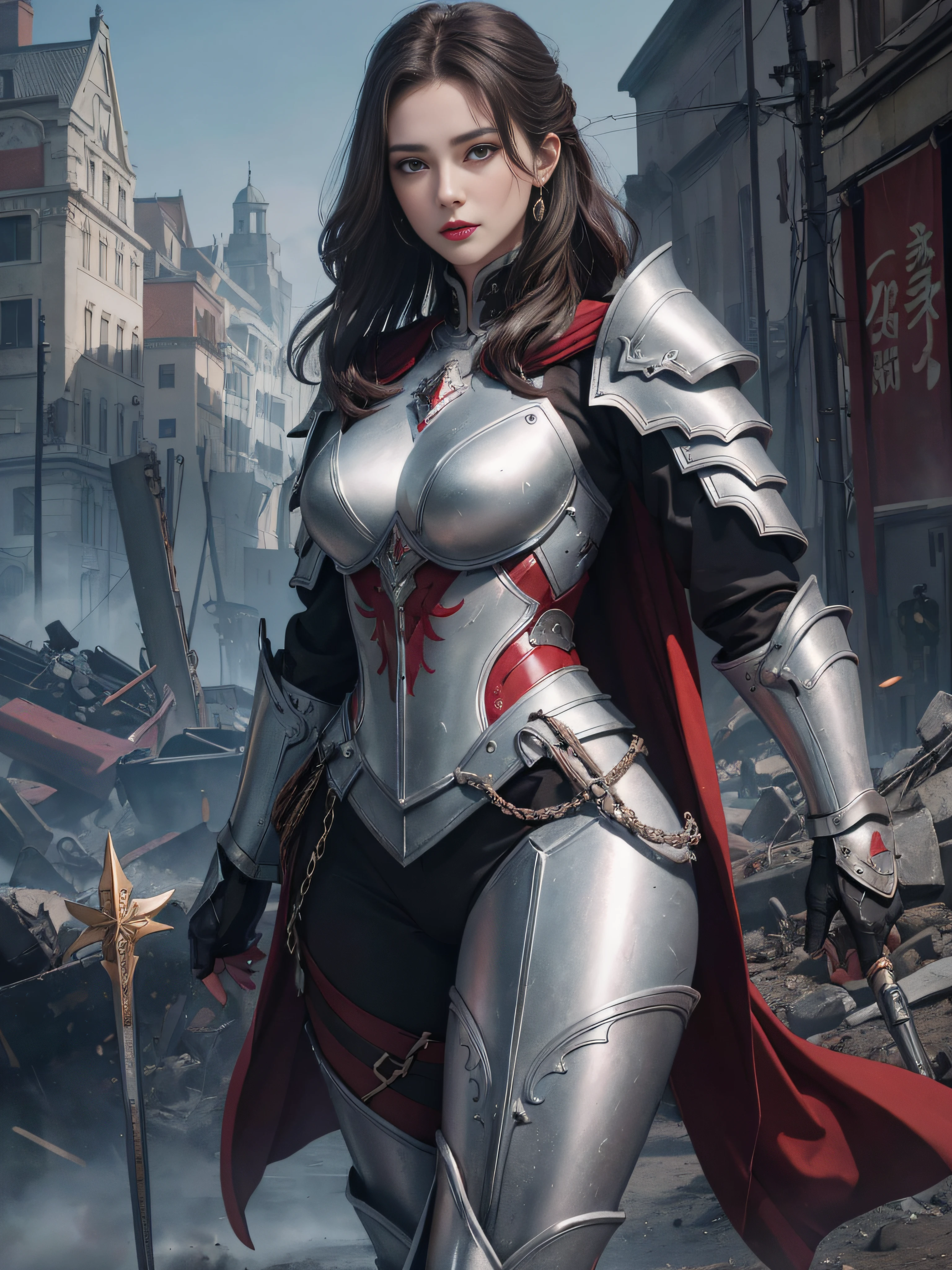 tmasterpiece,A high resolution,Absolutely beautiful,a mature female,Fine and detailed eyes and detailed face,Tall and tall,short detailed hair,She wears armor,Full coverage armor,Armor pants,Armor boots,Show the armor look、Shogun, allure:(Tall:1.4),haughty,Mature temperament,Ruby eyes,Apply blood-red lipstick to your lips,(Wide buttock:1.4),(Thick thighs:1.4),Majesty,Rich scene detail,In the midst of the war,are standing,action