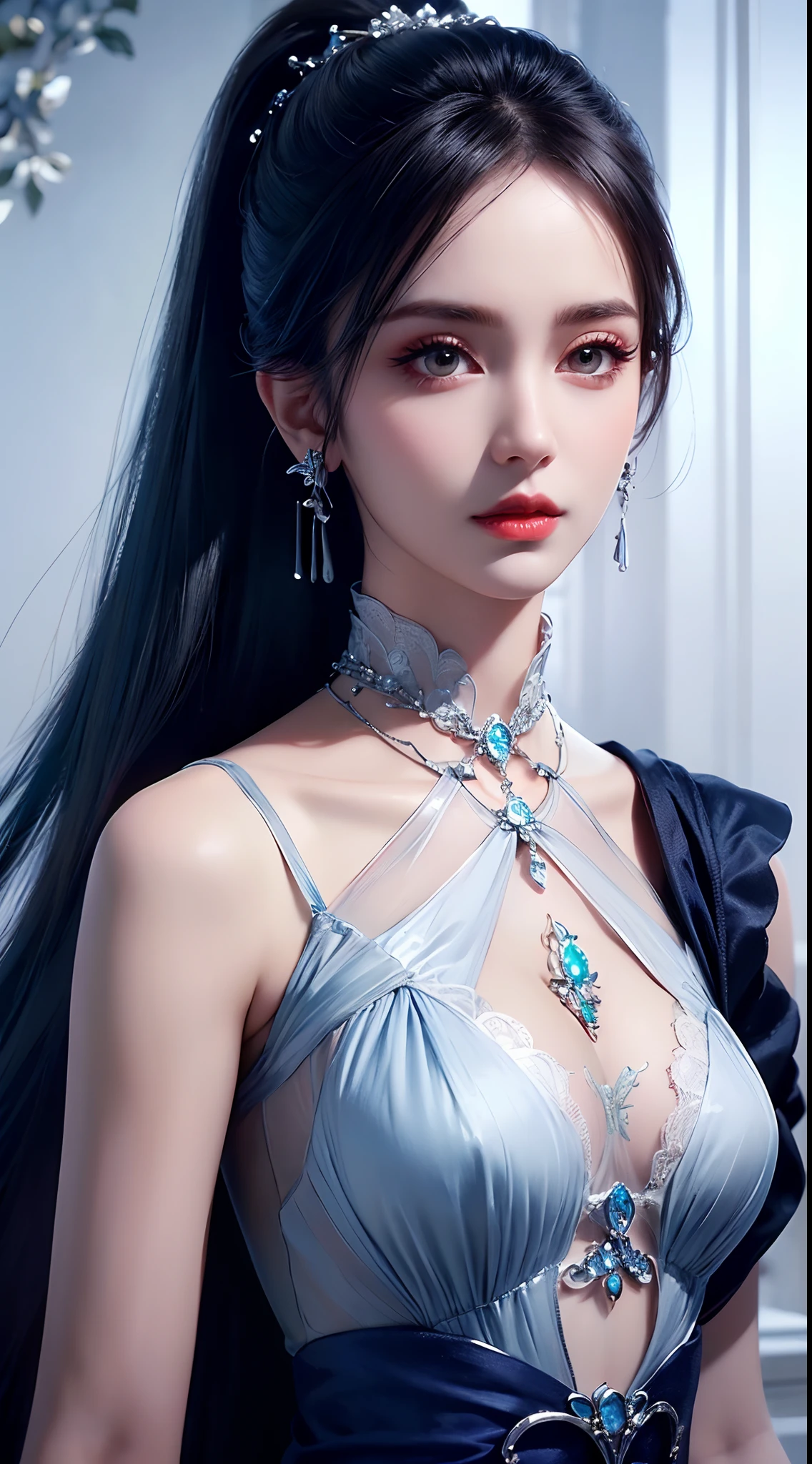8K ultra hd, masterpiece, best quality, a beautiful girl, long hair, impressive hairstyle, royal hair jewelry, pretty cute face, flawless face, jewellery earrings, antique jewellery, details eyes, beautiful eyes, meticulous makeup, thin eyebrows, beautiful red lips, medium breasts, dark blue mesh socks, thin dark blue silk shirt with many white motifs, white lace shirt, long bangs and a long platinum dark blue ponytail, realistic colors, magic effects, Ancient hanfu background, look directly at the audience, whole body capture,