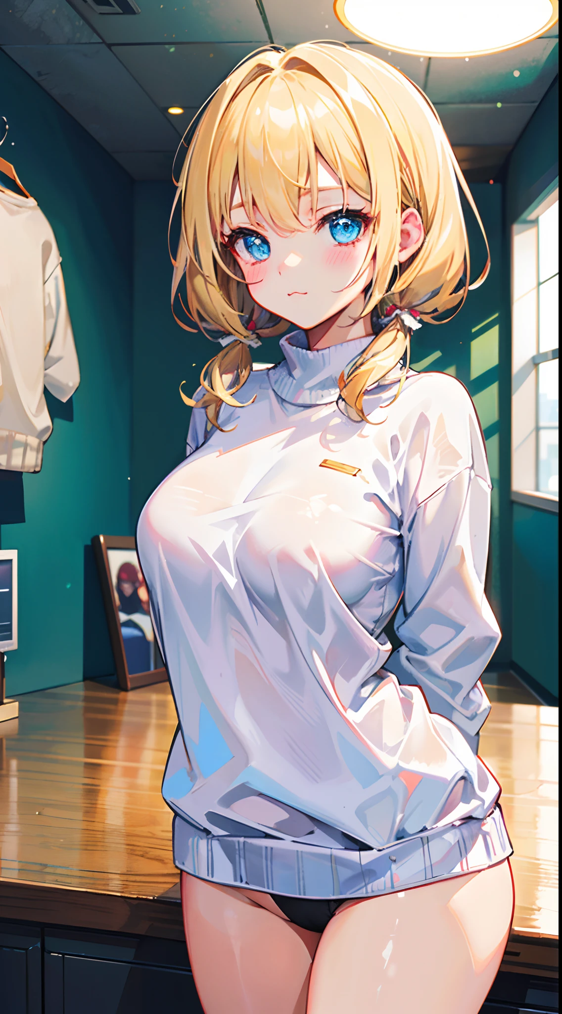 ((masterpiece, best quality;1.3)), ultra detailed, 8k unity wallpapers, CG, ray tracing, illustration, colorful, cinematic shadow, extremely detailed and beautiful background,vhd, shadering VRay,RT, 1girl, :3, (age), petite, lolilush), (beautiful eyes), (detailed eyes), solo, blue eyes, (blush), (blonde hair), (medium hair), high twintails, hair curls, (large breasts), slim waist, white glowing skin, highly detailed beautiful face, beautiful face, (talented Lo-Fi:1.3), arms behind back, sexy, ((white sweater)), ((bottomless)), (black panties), indoors, (close-up), glowing, glowing light, ultra detailed, scenic, atmospheric,