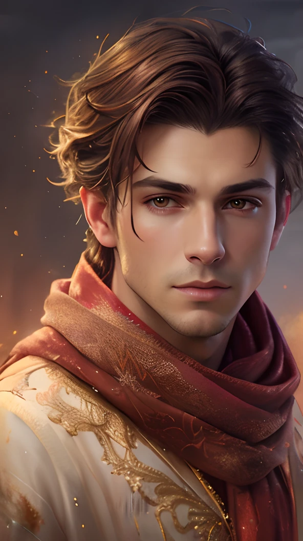 (Cinematic Photo:1.3) of (Ultrarealistic:1.3), ((Straight Face)), a photography, HD, photo, man, topless, beautiful red scarf, mdjrny-v5, style portrait of a gorgeous dark hair color male in the style of stefan kostic, realistic, close-up shot, sharp focus, 8 k high definition, insanely detailed, intricate, elegant, art by stanley lau and artgerm, extreme blur flames background, Red, Pastel, glitter, dramatic, dreamy, pastel, Watercolor, Whimsical, Delicate, Trending on Artstation, Highly detailed, Intricate, Portrait, digital painting, Fantasy theme, Fantasy robes, Fantasy concept art, Fantasy character art, Smug, age boy, perfect body, dreamy, pastel, Watercolor, Whimsical, Delicate, 8k, perfect lighting, adult, male, cinematic lighting, Fawn,Highly Detailed