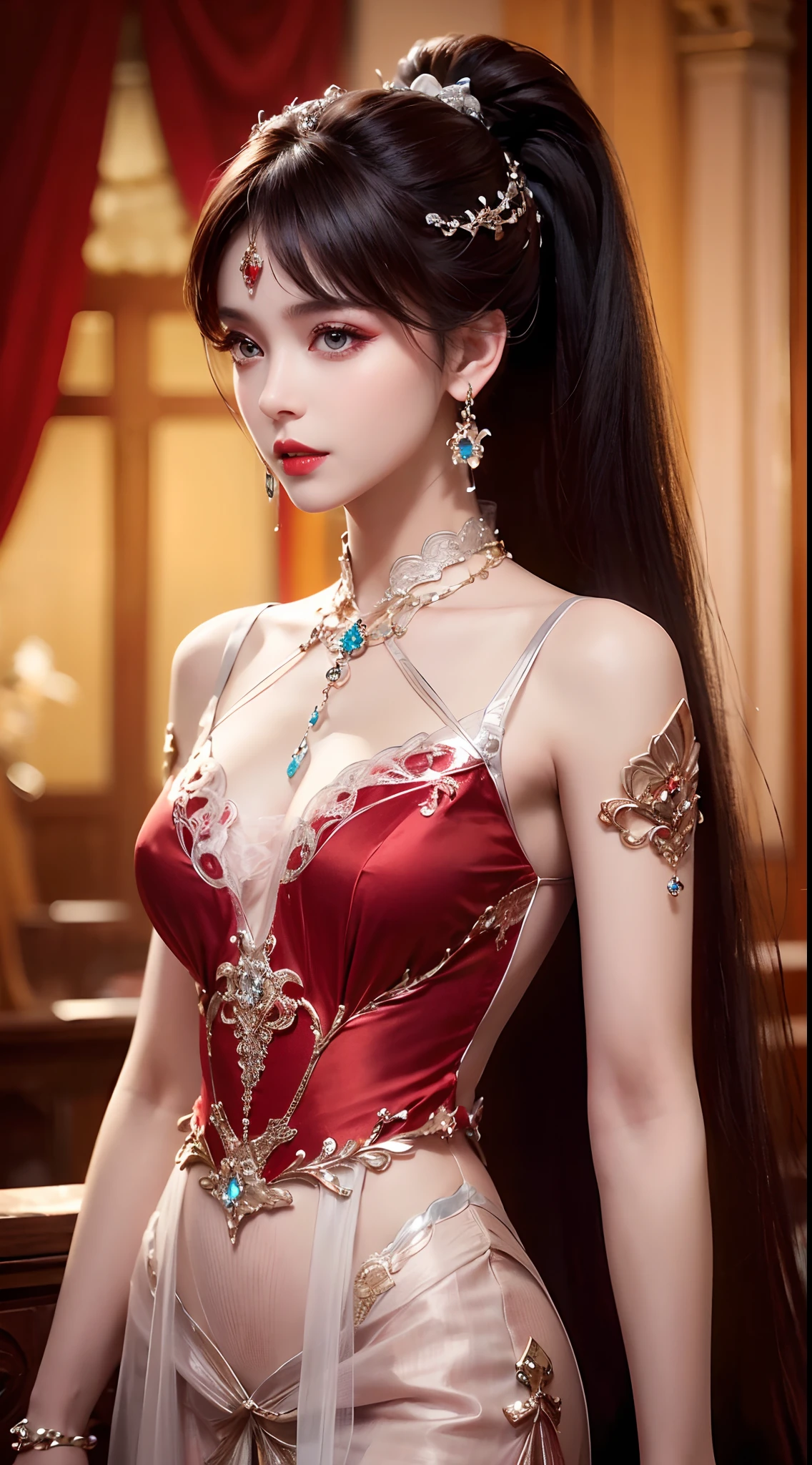 8K ultra hd, masterpiece, best quality, a beautiful girl, long hair, impressive hairstyle, royal hair jewelry, pretty cute face, flawless face, jewellery earrings, antique jewellery, details eyes, beautiful eyes, meticulous makeup, thin eyebrows, beautiful red lips, medium breasts, red mesh socks, thin red silk shirt with many white motifs, white lace shirt, long bangs and a long platinum red ponytail, realistic colors, magic effects, Ancient hanfu background, look directly at the audience, standing, whole body capture,