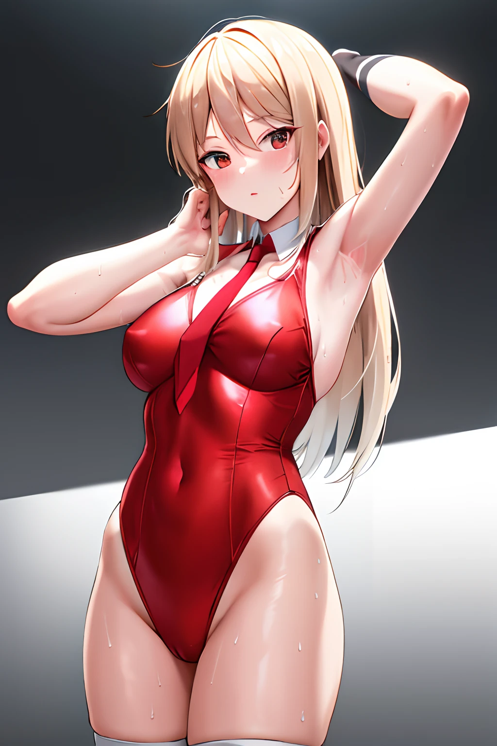 masterpiece, best quality, highres, mashi1, solo, red necktie, white socks, kneehighs, short sleeves, swimsuit, breasts, standing, cowboy shot, Presenting armpit, sweaty armpit, arm up,