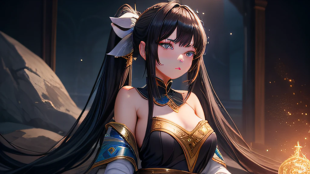 focused upper body, 1 girl, sitting pose, mage outfit, sparkling eyes, long black twintail hair, magic background, nice perfect face with soft skin, intricate detail, 8k resolution, masterpiece, 8k resolution photorealistic masterpiece, professional photography, natural lighting, detailed texture,