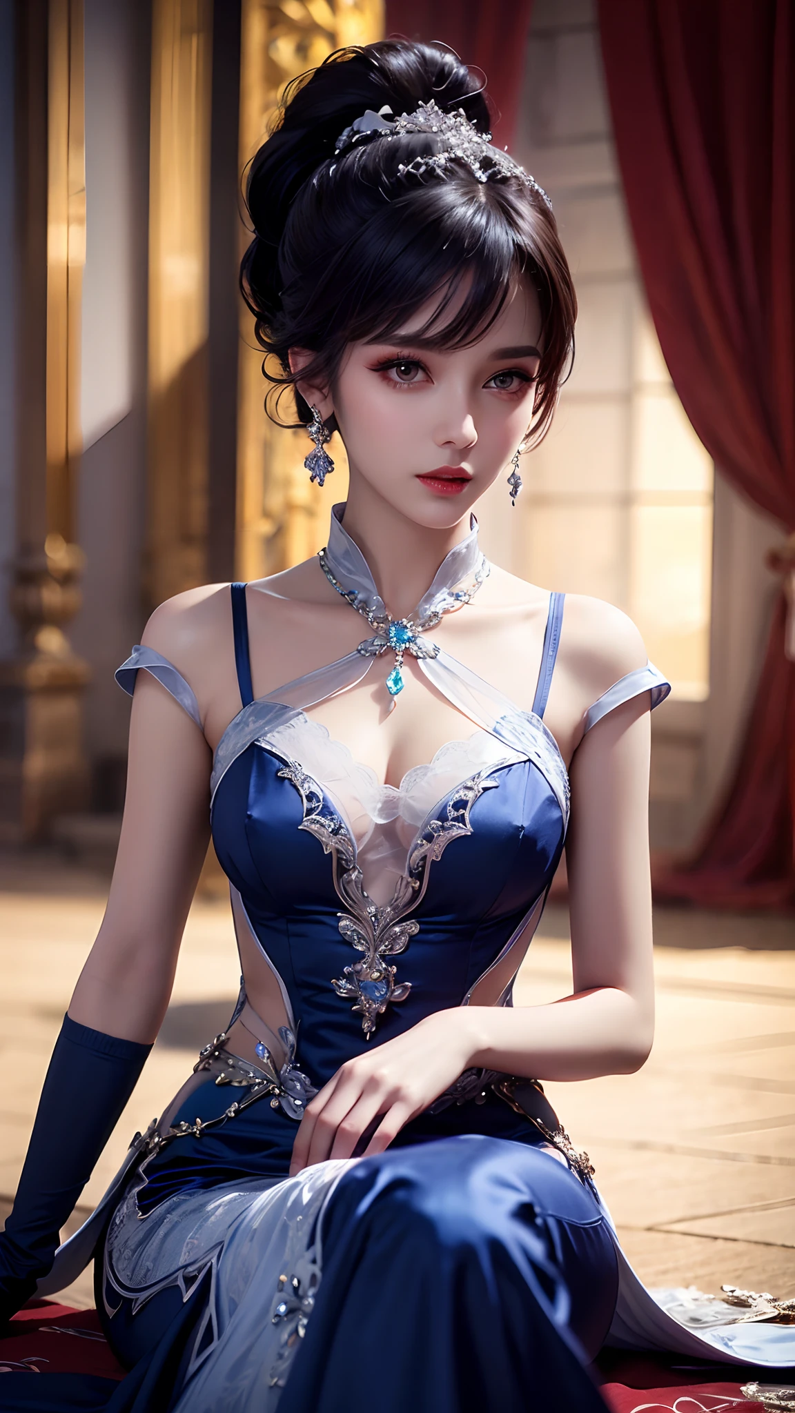 8K ultra hd, masterpiece, best quality, a beautiful girl, long hair, impressive hairstyle, royal hair jewelry, pretty cute face, flawless face, jewellery earrings, antique jewellery, details eyes, beautiful eyes, meticulous makeup, thin eyebrows, beautiful red lips, medium breasts, dark blue mesh socks, thin dark blue silk shirt with many white motifs, white lace shirt, long bangs and a long platinum dark blue ponytail, realistic colors, magic effects, Ancient hanfu background, look directly at the audience, sitting, whole body capture,