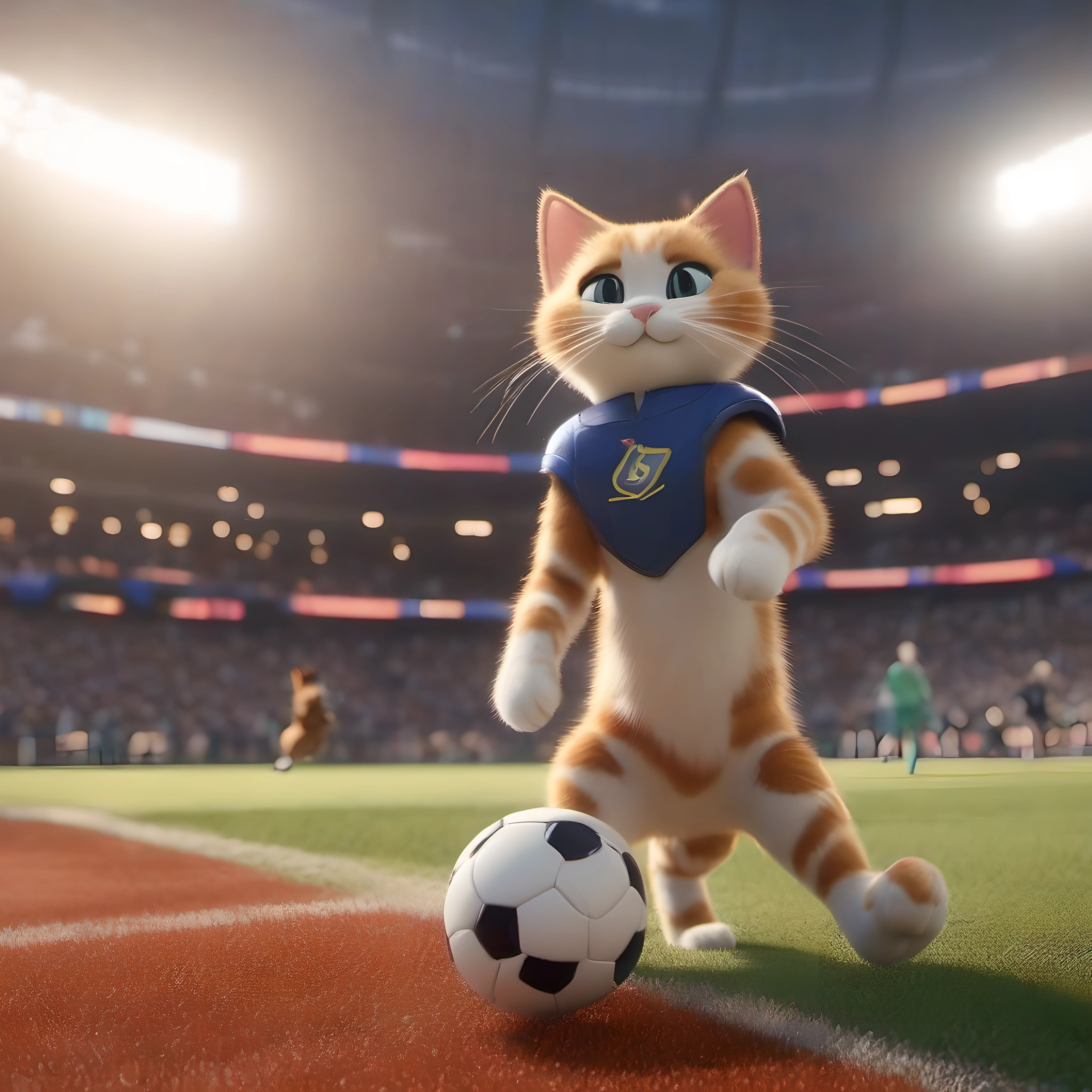 (Cats stand on two legs like athletes, run and play soccer),The cat's super detailed movements and expressions,Scene from a football field,Disney style,3D modeling rendering,C4D style,wide wide shot,8K,