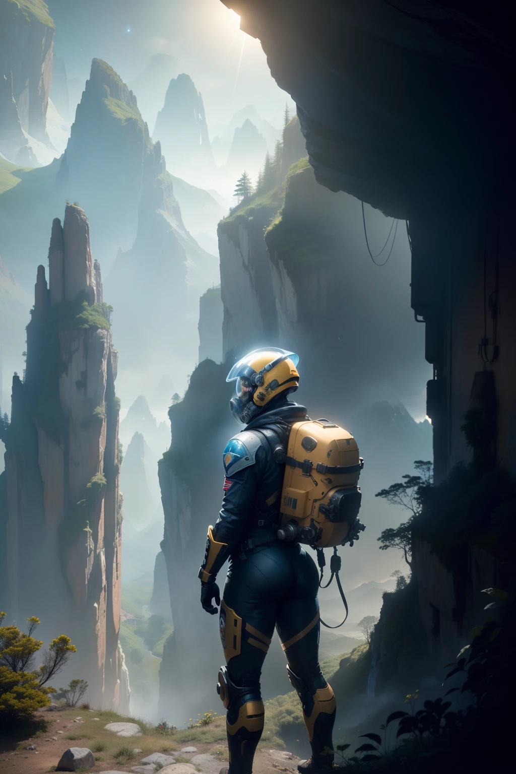(35mm style:1.2), Highly detailed RAW color photos, rear angle, full bodyesbian, 's (Female space marine, Wearing white and red spacesuits, Helmet of the future, toothed mask, Rebreathers, Stressed Booty), Outdoor activities, (Standing on a high rocky mountain cliff, Gaze out over the magical lush green rainforest on an alien planet), vivd details, (Exotic alien planet), tonedbody, big assa, (sci-fy), (mont:1.1), (lush green vegetation), (There are two moons in the sky:0.8), (The is very detailed, the ultra-detailed, iintricate), (lens flare glow:0.7), (full bloom:0.7), particle effect, Ray traching, 电影灯光, shallowdepthoffield, Shot with Sony a9 II, 35mm wide-angle lens, Focus sharp, 《gravity》2013 movie stills, Watching from behind, dynamic angle