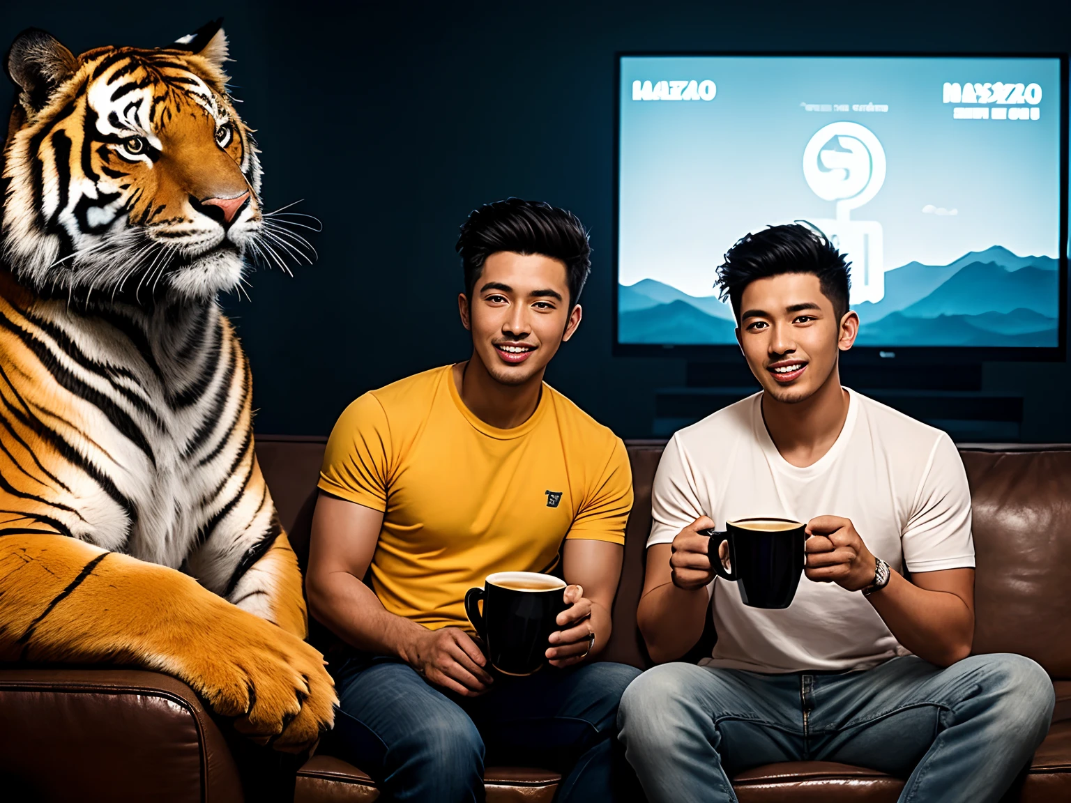 three men in yellow shirt sitting on a couch with a tiger behind them while drinking coffee and cheering watching television, cyberpunk theme, holding cup of coffee,  tigers, tiger_beast, malaysian, actor, fattah amin and farid kami, zizan razak , tiger, backdrop, movie promotional image, jason chan and gilles beloeil, the tiger is smiling, transparent background, damien lim, 🦑 design, asia, majestic masterpiece,