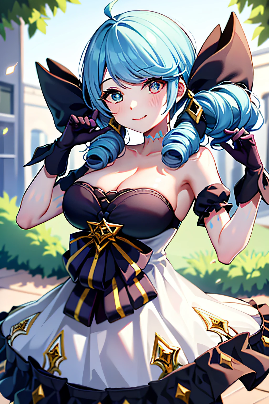 1girll, absurderes, Black bow, Black gloves, black sock, Blue eyes, Blue hair, bow, 鎖骨, dress, Drill hair, frill dress, frilld, mitts, Gwen \(League of Legends\), hair adornments, A high resolution, League of Legends, Long hair, parted lip, Puffy sleeves, Pink pupils, Smile, Solo, White dress, X, 10th Hair Accessories,Large breasts,