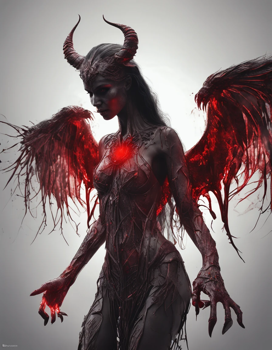 simple dark magical background , horror scene , beautiful female devil , red magical glowing eyes , magical reddish glowing little orb in two hand at once , female devil staring at orb , dark big wings , ultra detailed face , (ultra detailed scene) , (ultra detailed orb) , (ultra beautiful face) , (ultra detailed hands) , (ultra detailed wings) blood splashed on body, pale face , dark red lip , black underwear , shaped body , red magic around her , magic twirling around, ,Camel toes,thin gap