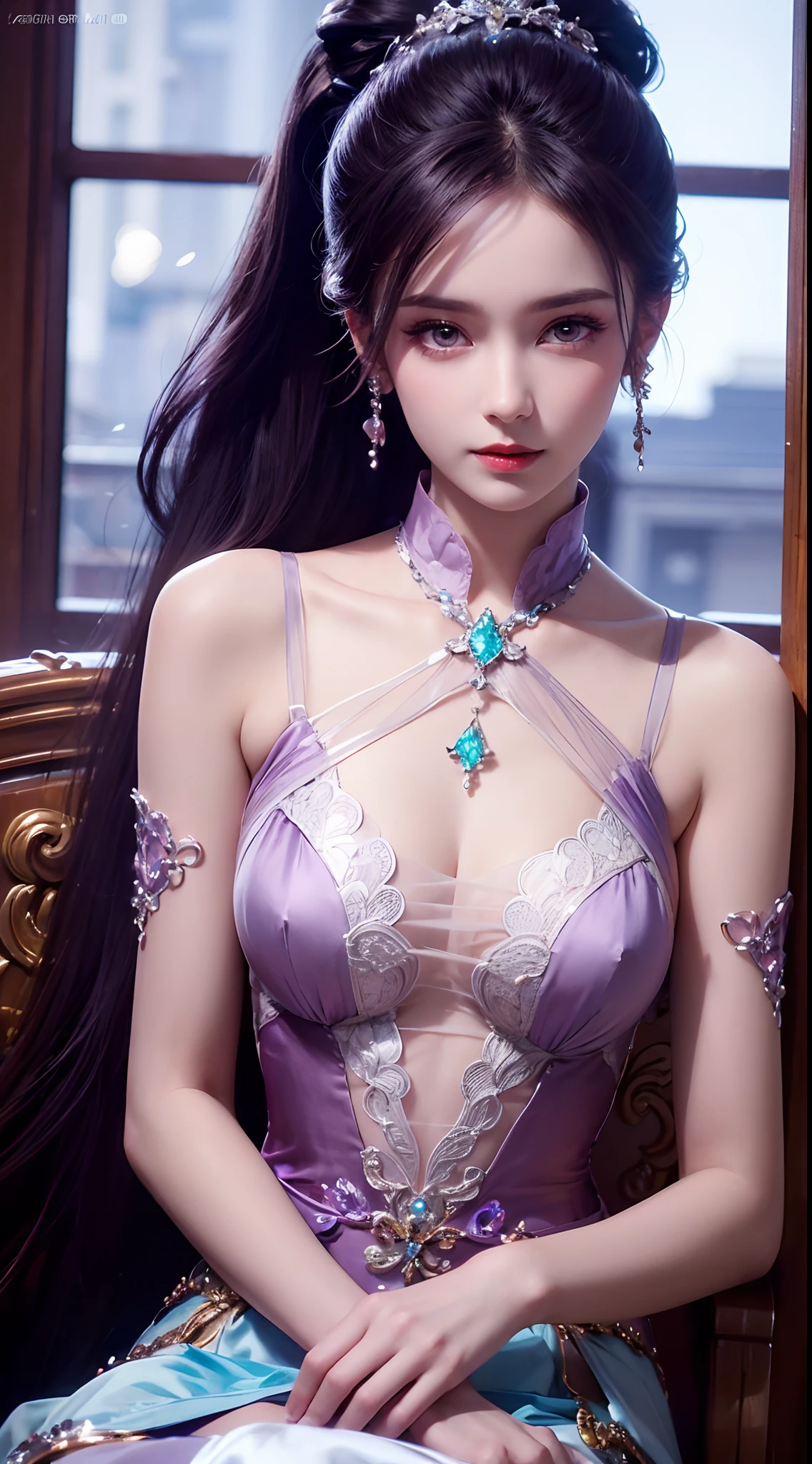 8K ultra hd, masterpiece, best quality, a beautiful girl, long hair, impressive hairstyle, royal hair jewelry, pretty cute face, flawless face, jewellery earrings, antique jewellery, details eyes, beautiful eyes, meticulous makeup, thin eyebrows, beautiful red lips, medium breasts, purple mesh socks, thin purple silk shirt with many white motifs, white lace shirt, long bangs and a long platinum purple ponytail, realistic colors, magic effects, Ancient hanfu background, look directly at the audience, sitting, whole body capture,