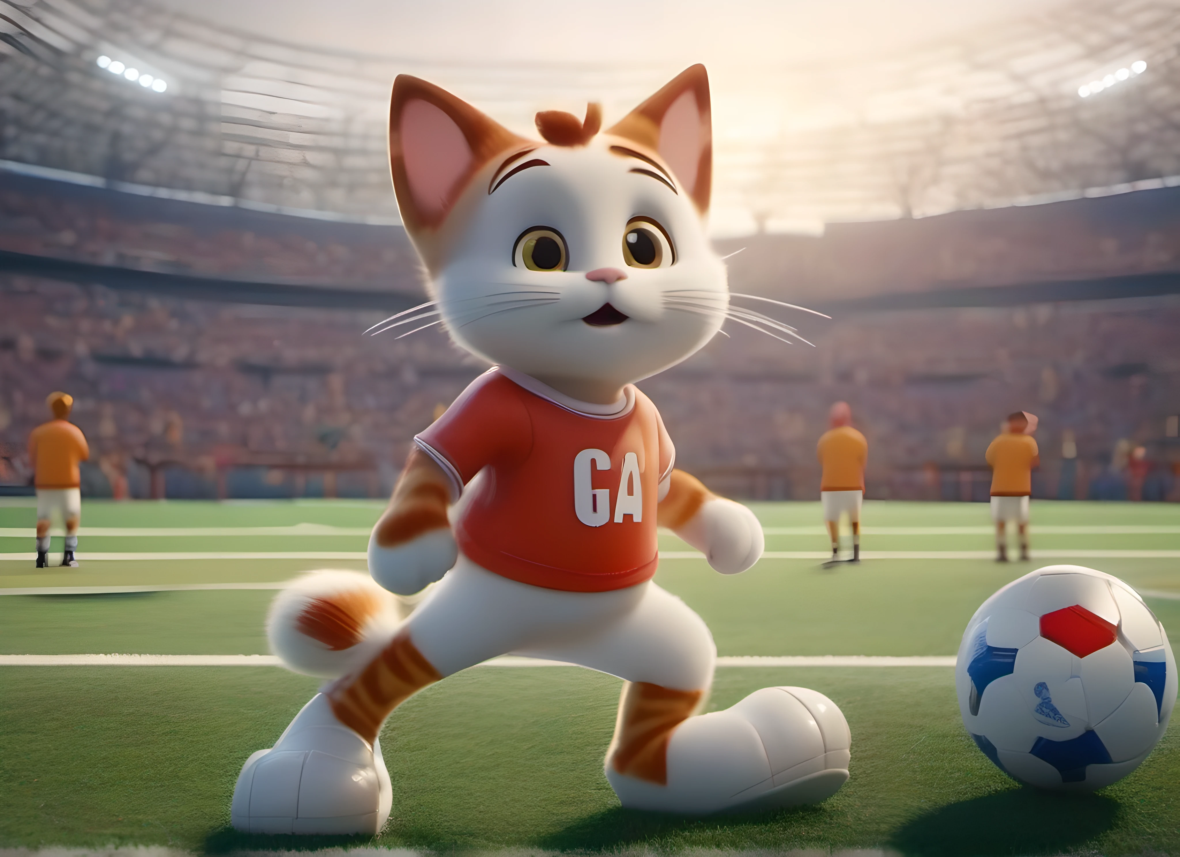 （Cats stand on two legs like athletes, run and play soccer），The cat's super detailed movements and expressions，Scene from a football field，Disney  style，3D modeling rendering，C4D style，wide wide shot，8K，