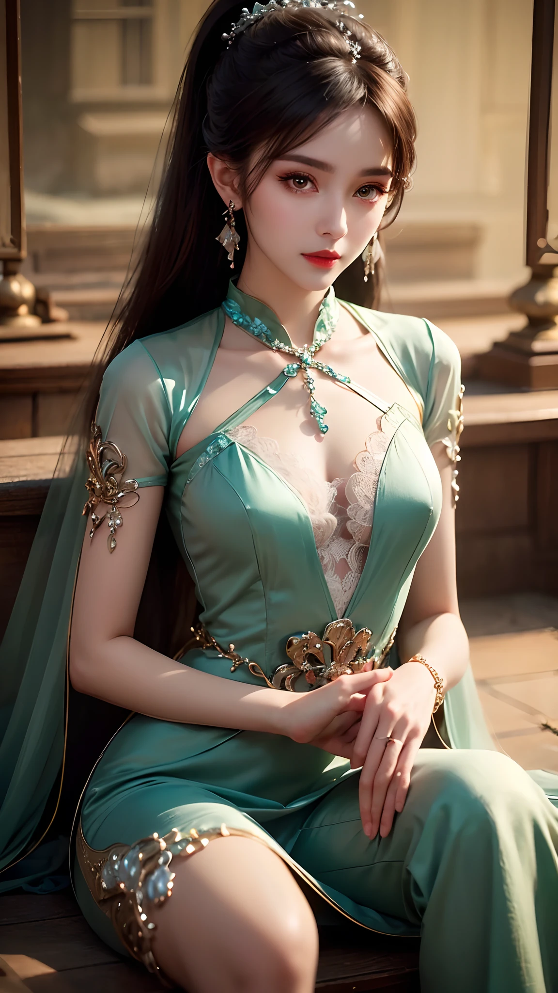 Noble Woman,jewelry,long leges,Jade foot,depth of fields, A high resolution, ultra - detailed, filigree, RAWE is very detailed, very detailed eyes and faces, Sharp pupils, realistic pupil, tack sharp focus, cinmatic lighting,full bodyesbian,Bigboobs,long leges,From the front side,banquet,dynamicposes,Normal posture,closeup of face