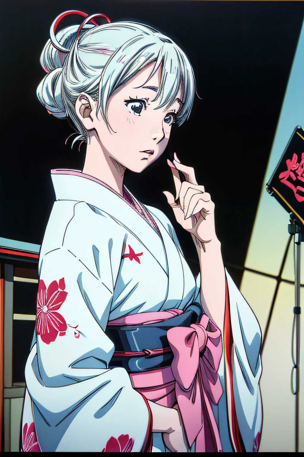 jpn_hi-school girl、Kimono,actionpose、cheerfully、Overflowing、ink art、((top-quality、8K、masterpiece:1.3))、(Clear focus:1.2)、(comic book style),(Pop),(linear art_Anime)、(PastelColors:1.2),((monotone_High Contrast Art:1.2))、flat chest、(the complex background:1.2),(Lola:add more details:1.2)、sharp outline、sharp lineart、Old Japan cityscape background、Japan traditional pattern background、Yuki