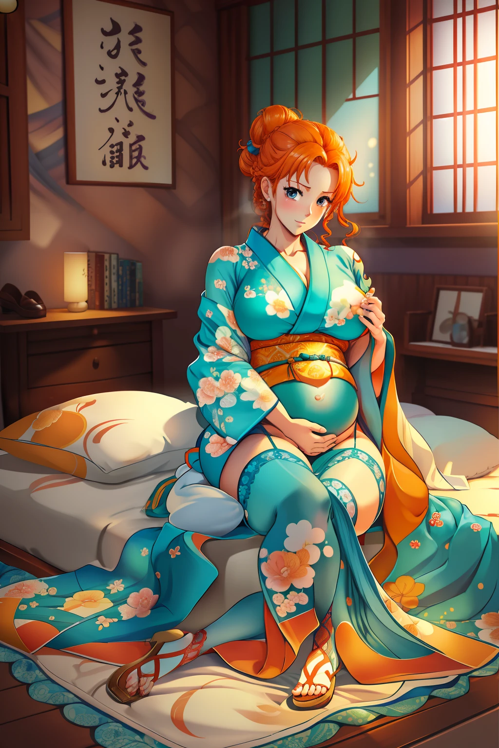 masterpiece、top-quality、Realistic depiction、Photoquality、Photo of Nami's One Piece、beautiful woman hair updo upsweep、Blue eyes、Orange hair color、orange head、Let your hair down、Take off your kimono、lyin in bed(Spread your legs wide)、(full body Esbian:1.3)、(Colossal tits:1.3)、(laced stockings)、(Tattoo on the shoulder)、Pregnant Woman、Pregnancy、Navel out(masterpiece)(top-quality)(detaileds)(8K)(nffsw)(wall-paper)(电影灯光)(foco nítido)(Convoluted)、Full body shot+shoe+Sitting