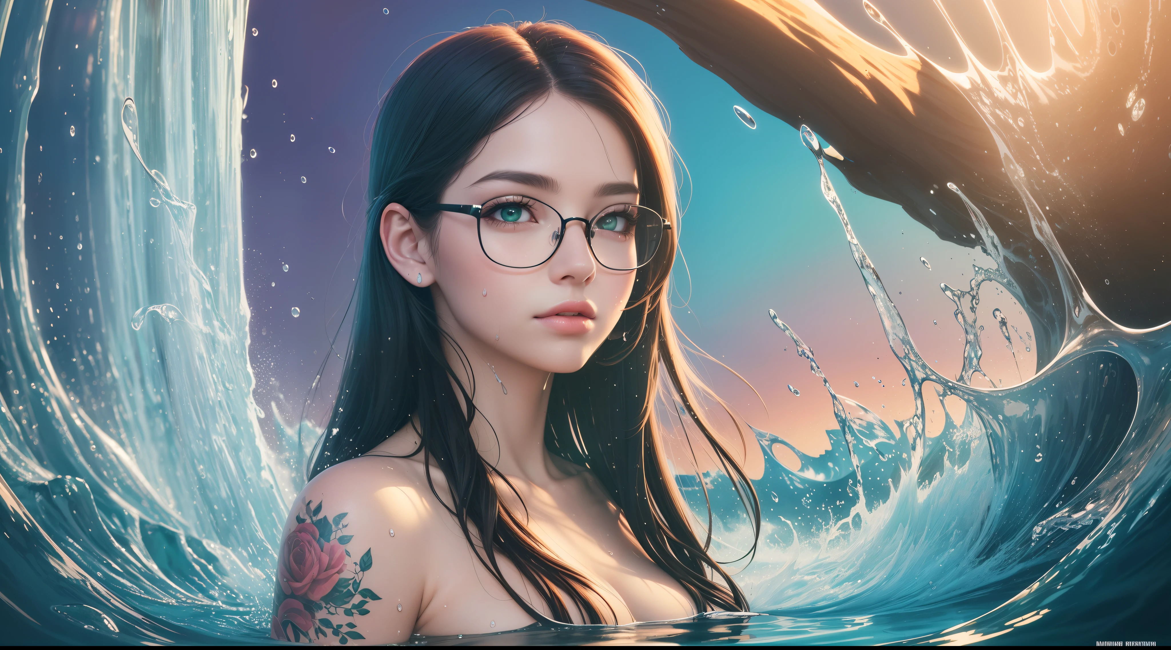 Realistic, full-body portrait of a young woman, 20 years old. perfect body, realistic perfect body composition, wet body in the rain, waterfall scene. realistic beautiful green eyes, cool face, fair skin, good looking, tattoo art, sexy sexy liquid acrylic outfit, glasses, warm dreamy light, volumetric light, powder adventure style paper, dynamic gradients, vivid colors, illustrations, highly detailed vector curves, simple, smooth and clean, vector art, smooth, character design, cinematic, Surrealism, posters, masterpiece collection, lush vivid colors, sunsets, wet gouache. High image quality, meticulous detail, perfect realistic work