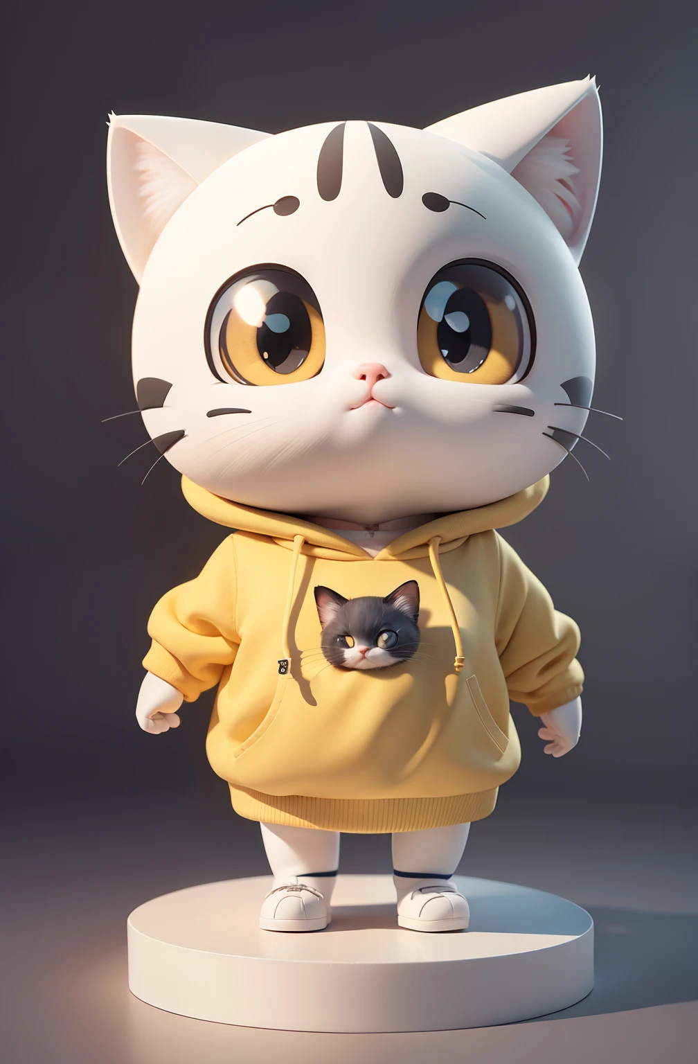 1 kitten IP，（Cartoon cats），（White and yellow sweatshirt），full body vision，roundly eyes，Big head and small body，Black background，natural  lightting，8K，tmasterpiece，Top quality，super-fine，Clay material，Pixar style, 3D style, C4D, blender，oc rendered