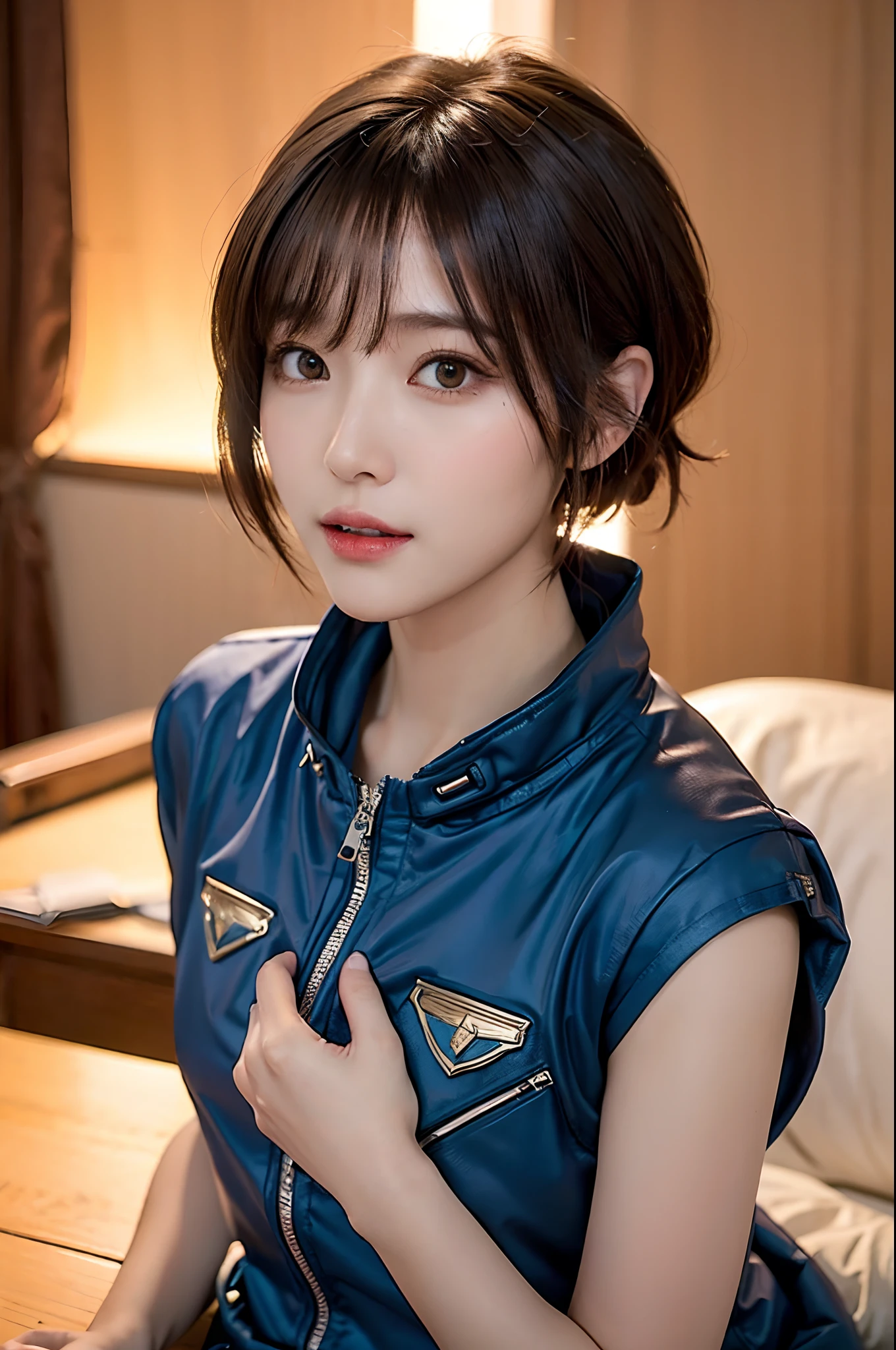 top-quality、masterpiece、超A high resolution、(realisitic:1.4)、Beautiful adult woman、Beautiful detail eyes and skin、ssmile、Light brown short-cut hair、The perfect spacesuit、spaceships、Desolate and mysterious planet、Red sky、UFOs flying in the sky、in isekai、