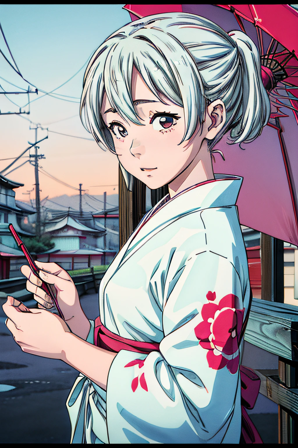 jpn_hi-school girl、Kimono,actionpose、cheerfully、Overflowing、ink art、((top-quality、8K、​masterpiece:1.3))、(Clear focus:1.2)、(comic book style),(Pop),(linear art_Anime)、(PastelColors:1.2),((monotone_High Contrast Art:1.2))、flat chest、(the complex background:1.2),(Lola:add more details:1.2)、sharp outline、sharp lineart、Old Japan cityscape background、Japan traditional pattern background、Bamboo