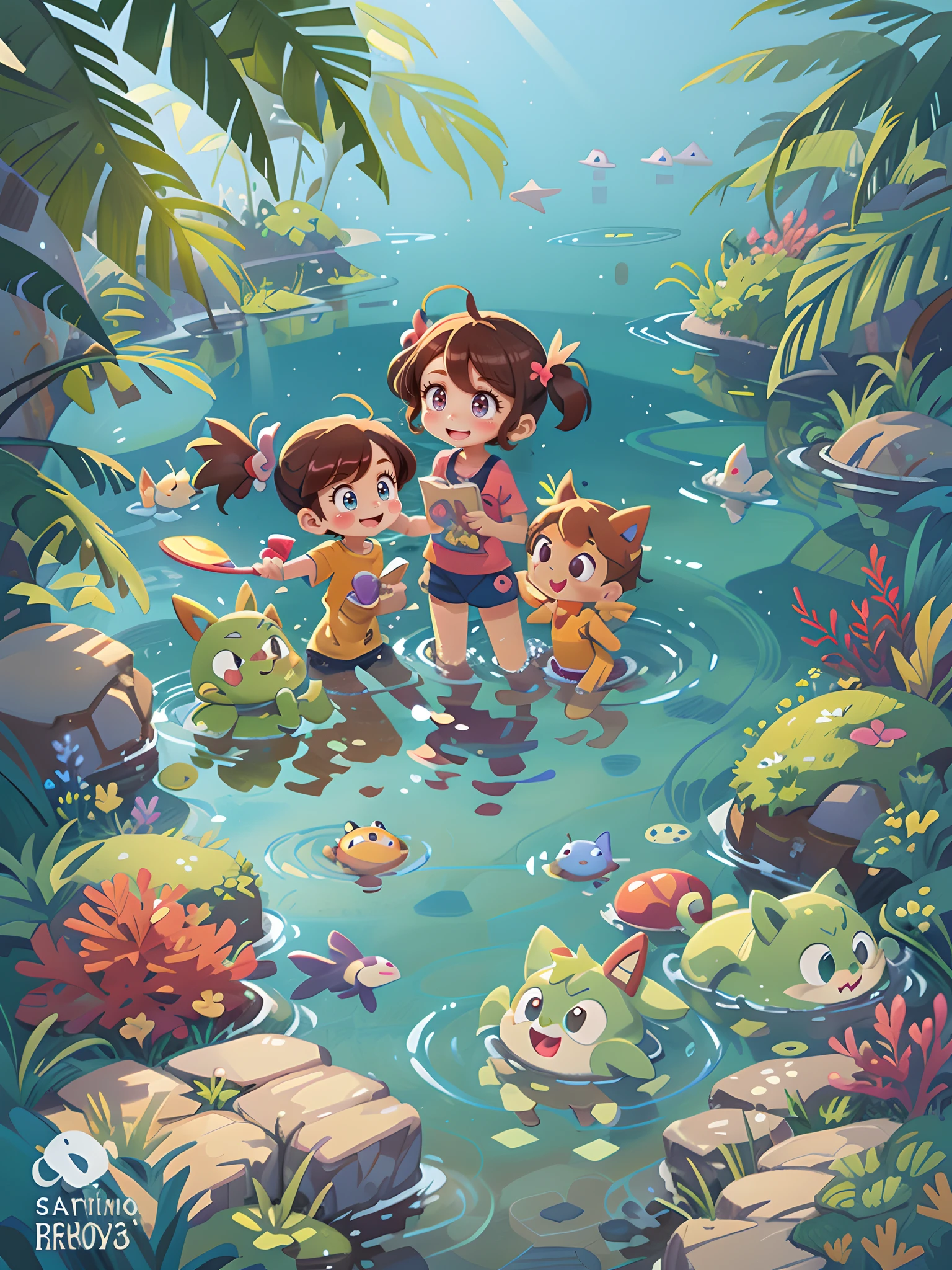 cartoon illustration of a group of Pokemons swimming in the ocean, colorful kids book illustration, colorful illustration, summer swimming party, game illustration, cute illustration, childrens art in artstation, 2. 5 d illustration, kids book illustration, animation illustrative style, in the sea, 2 d illustration, 2d illustration, a beautiful artwork illustration, colorfull illustration, beautiful shining eyes, like crystal clear glass