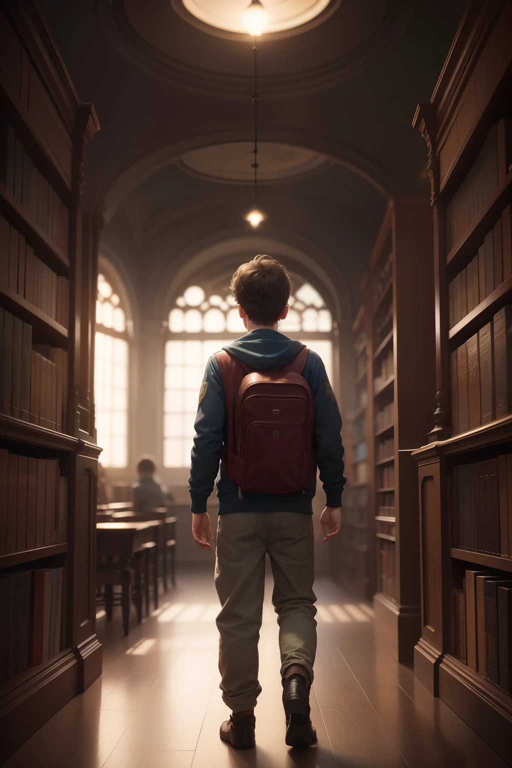"A boy in the library all around planet ", back side, cinematic, "planets around":0.6