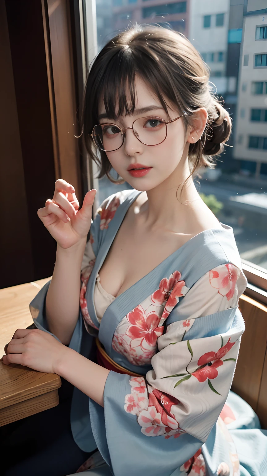 (8K, Raw photo, Best Quality, masutepiece:1.2), (Realistic, Photorealsitic:1.4), (Highly detailed CG Unity 8K wallpaper), (1 girl:1.5), (Realistic hands), (detail hands), (detail finger), (In the window of the hotel building on the 20th floor), Japan Beauty, (Light blue clothes: 1.4), Red spots on the forehead, pale skin, blush, Big eyes, Half body, potrait, Nice Pose, Kimono Girl, Omijoji, Kagura,(1 girl:1.5), Light red kimono, The kimono is fluttering、Girl with exposed chest and shoulders, ,Bob Hair、Small、Round rimless glasses、Sperm on the face