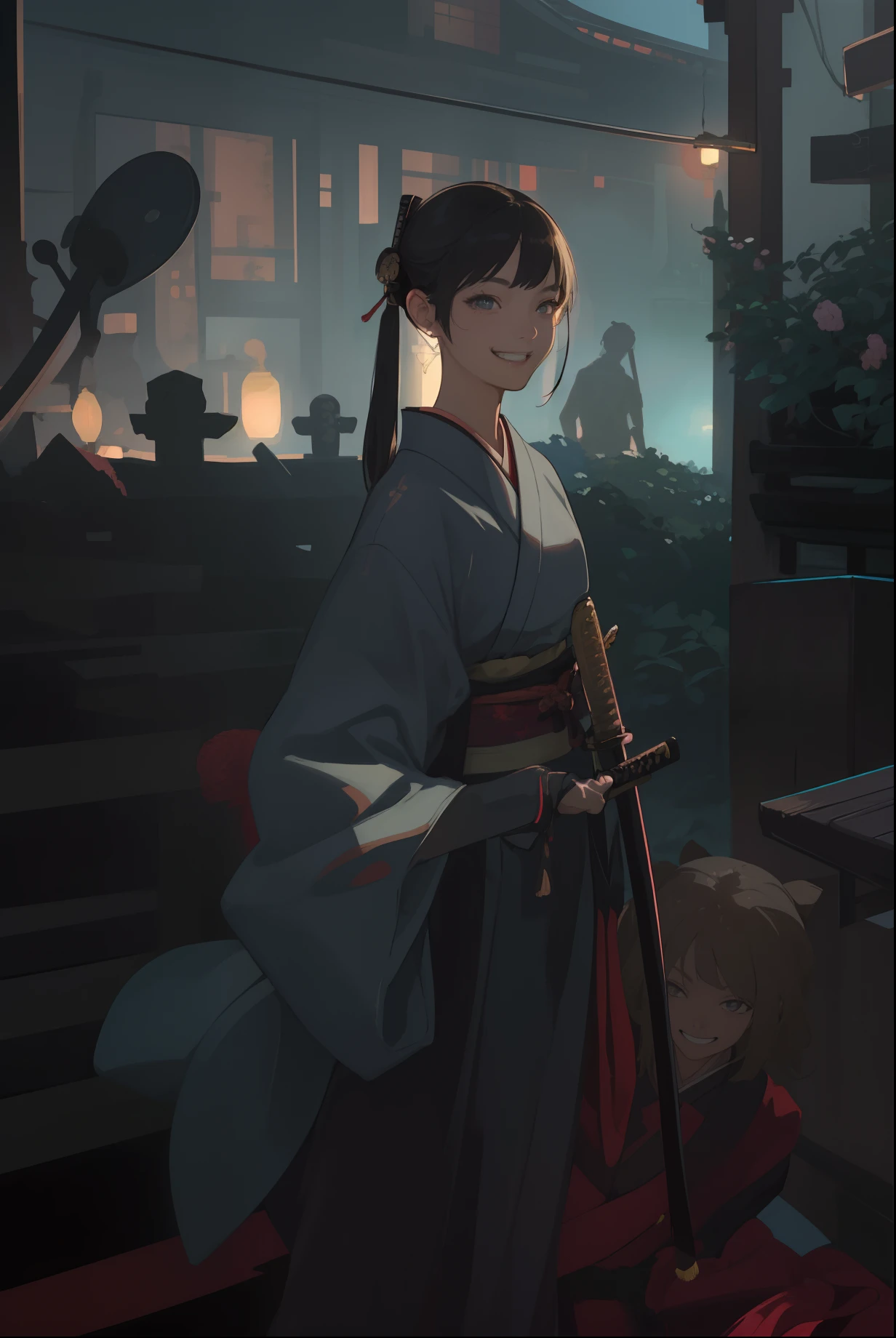 tmasterpiece, beste-Qualit, 1 girl , grown up, High , beutiful, finely detailed eyes, intricate detials, (( Smiling, Laughing Face ))), (((Japanese clothes for fighting girls))), (((katana))), beatiful face, Beautiful hands, higly detailed, (official arts)