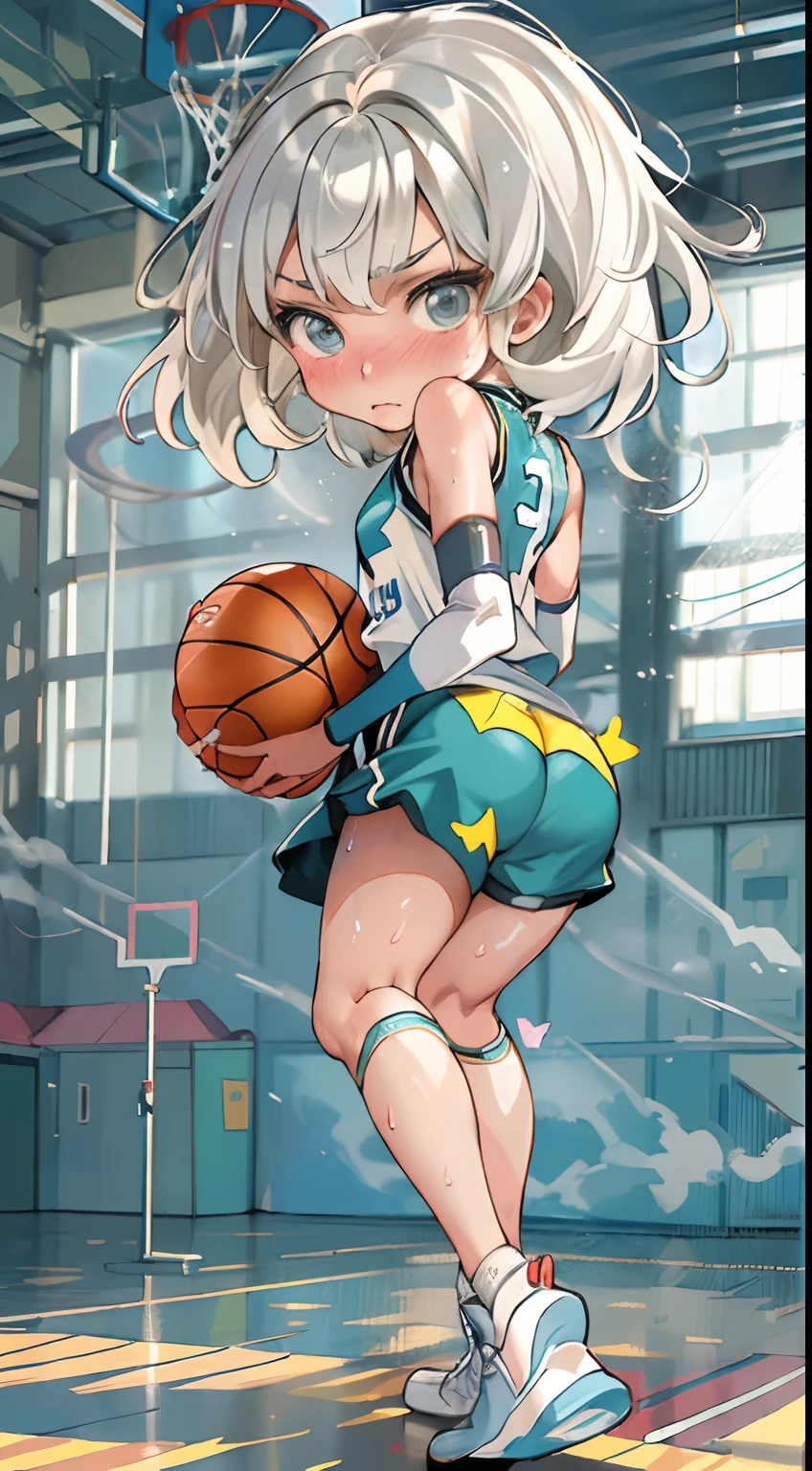 (((masterpiece))), (((best quality))), (((ultra detailed))), (((high-resolution))), ((super fine illustration)), ((Ultimate cutie)), detailed beautiful face,(white hair),(short hair),shiny hair, ((((gyaru)))), (medium breasts), (((solo))), (((embarrassed expression))), ((basketball player)),((jump,acrobatic,hopping)),((dunk shot)), (((hand on the ball))), (sleeveless basketball Uniform), knee pad, elbow pad, ((sweat)), ((covered in sweat)), ((fog)), in basketball Court, lighting, ((from behind)),(((looking at viewer)))