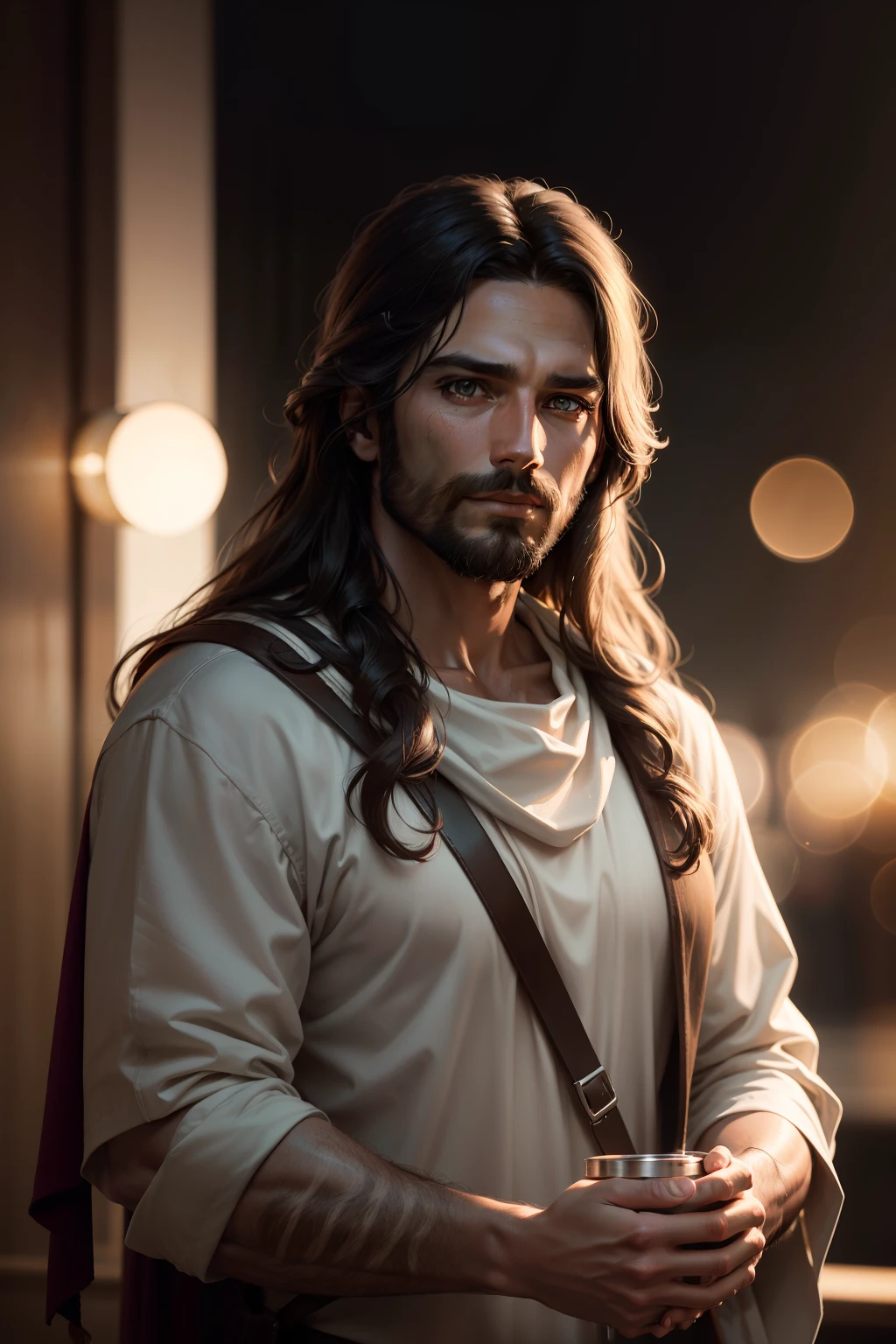 portrait of modern Jesus Christ, cinematic lighting, depth of field, bokeh, realism, photorealistic, hyperrealism, professional photography, uhd, dslr, hdr