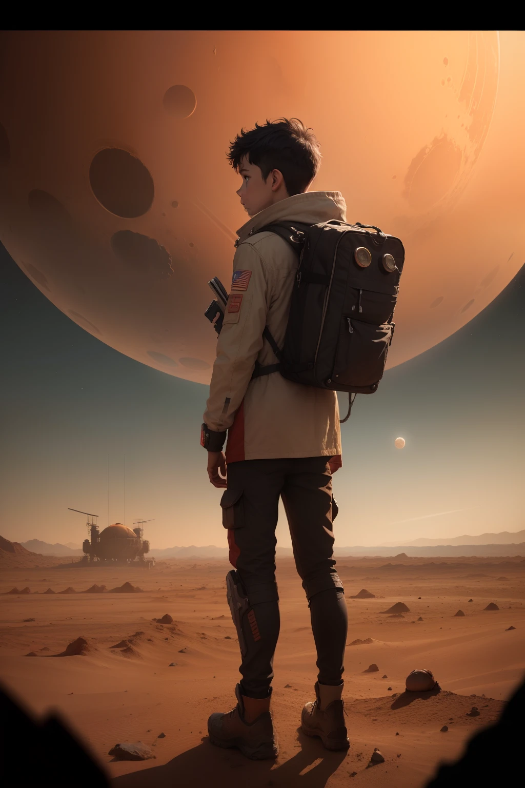 "A lost boy on Mars", back side, face not visible, library book around, cinematic, "planets around":0.6