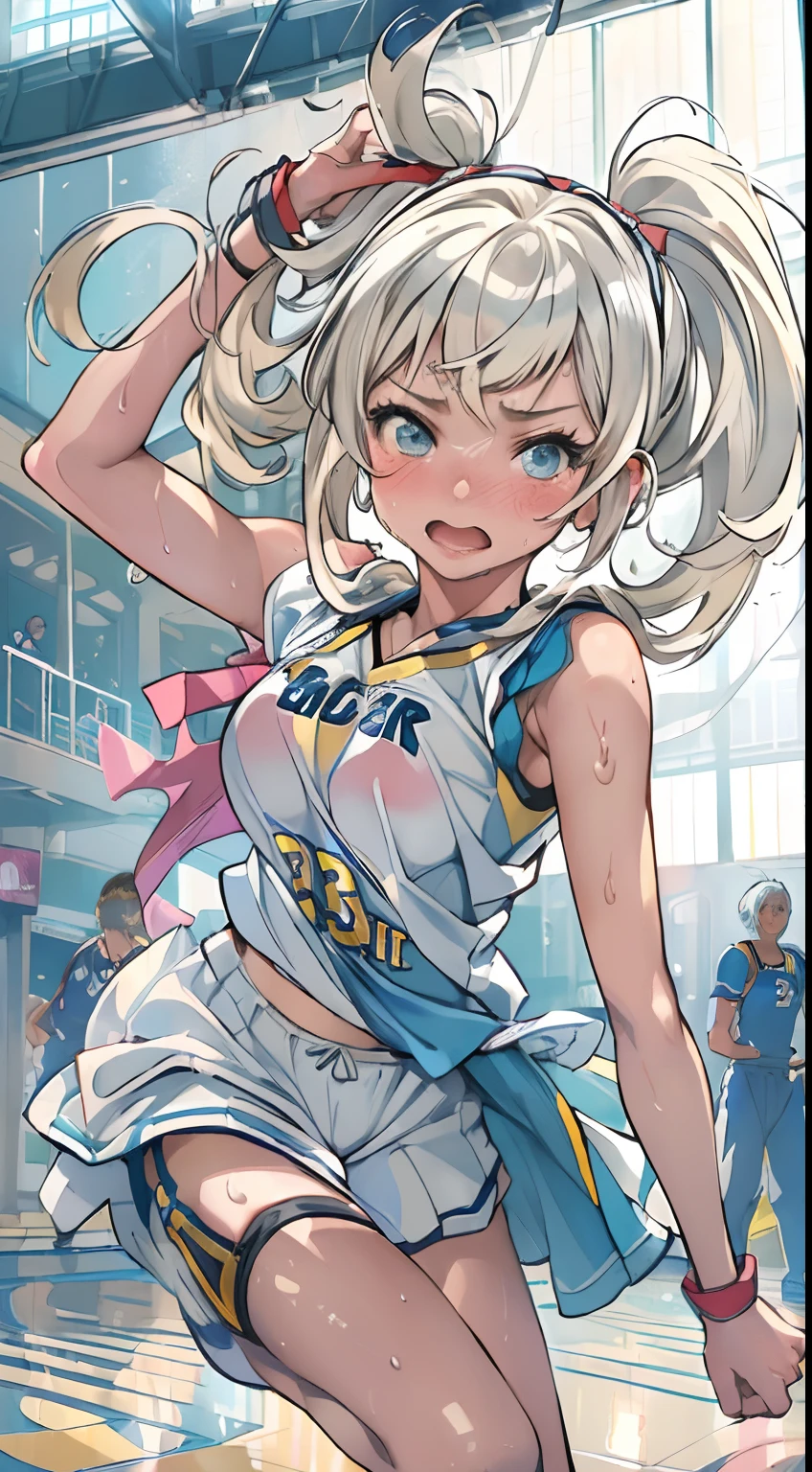 (((masterpiece))), (((best quality))), (((ultra detailed))), (((high-resolution))), ((super fine illustration)), ((Ultimate cutie)), detailed beautiful face,(white hair),(short hair),shiny hair, ((((gyaru)))), (medium breasts), (((solo))), (((embarrassed expression))), ((basketball player)),((jump,acrobatic,hopping)),((dunk shot)), (((hand on the ball))), (sleeveless basketball Uniform), knee pad, elbow pad, ((sweat)), ((covered in sweat)), ((fog)), in basketball Court, lighting, ((from behind)),(((looking at viewer)))