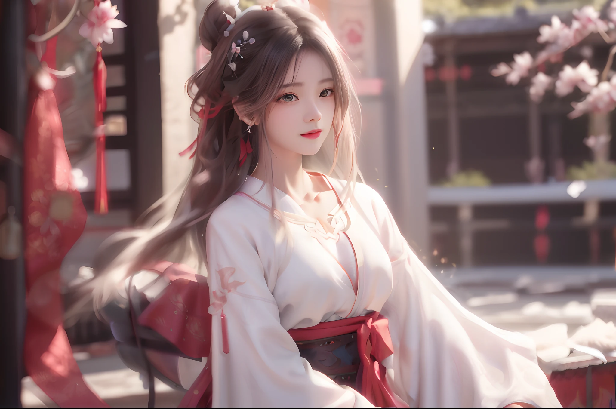 there is a woman in a white dress sitting on a bench, Palace , A girl in Hanfu, Guviz-style artwork, White Hanfu, Guviz, flowing hair and long robes, by Yang J, Hanfu, Anime girl with long hair, trending on cgstation, style of anime4 K, Beautiful anime girl